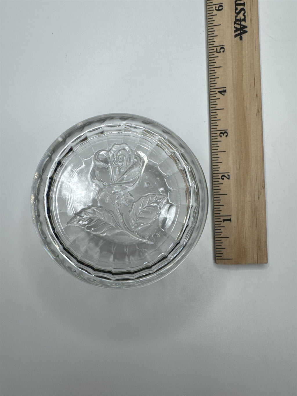 Vintage 3 Inch Clear Bormioli Glass Trinket Dish with Rose Made In Italy