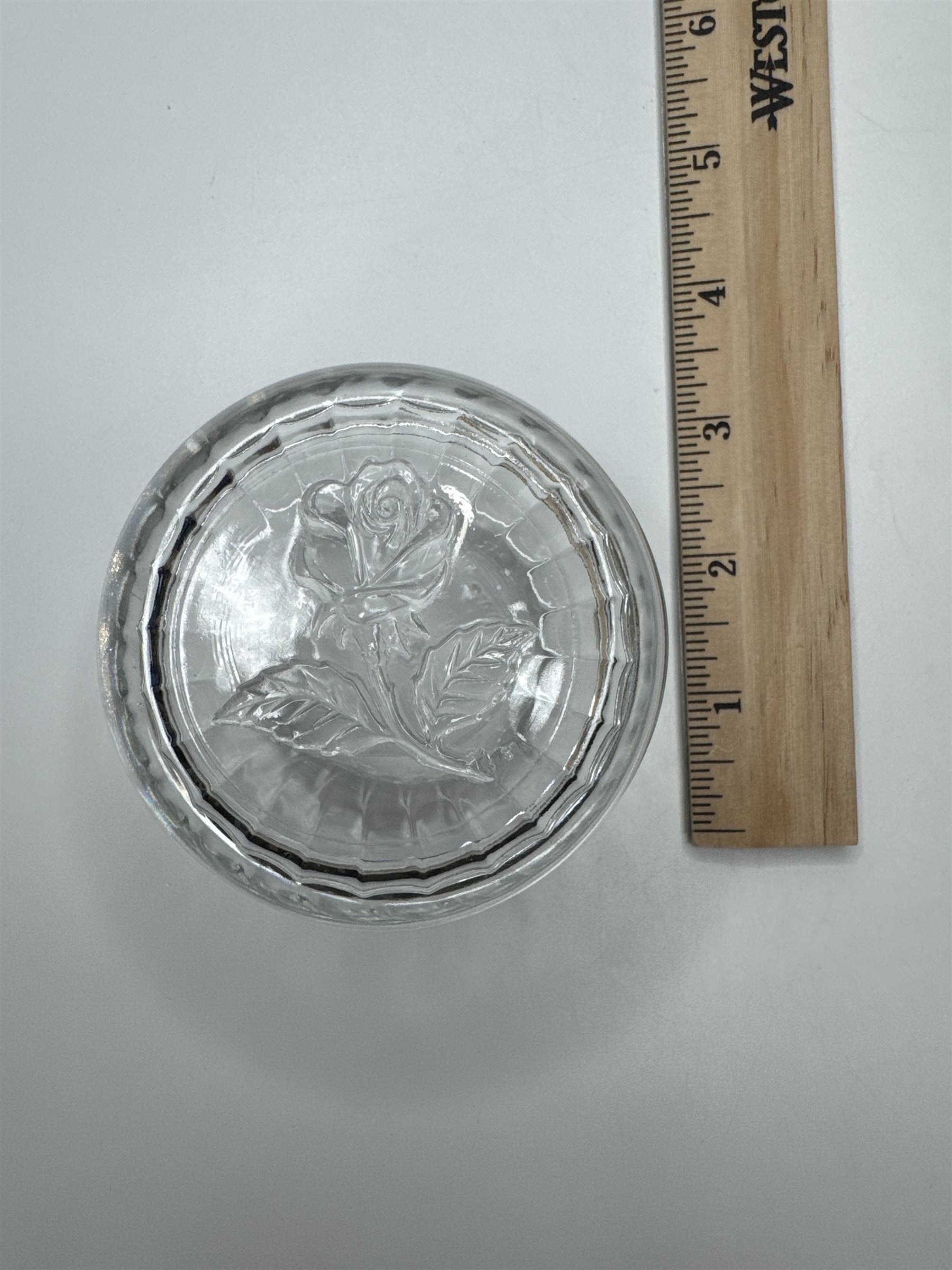 Vintage 3 Inch Clear Bormioli Glass Trinket Dish with Rose Made In Italy