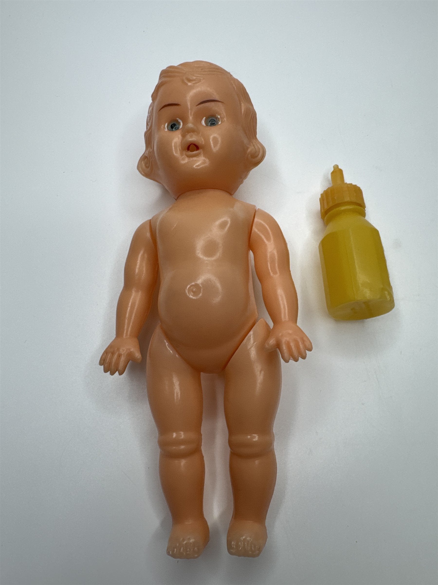 Vintage Agrespoly 7.5" Plastic Doll Toy With Feeding Bottle Made In Hong Kong