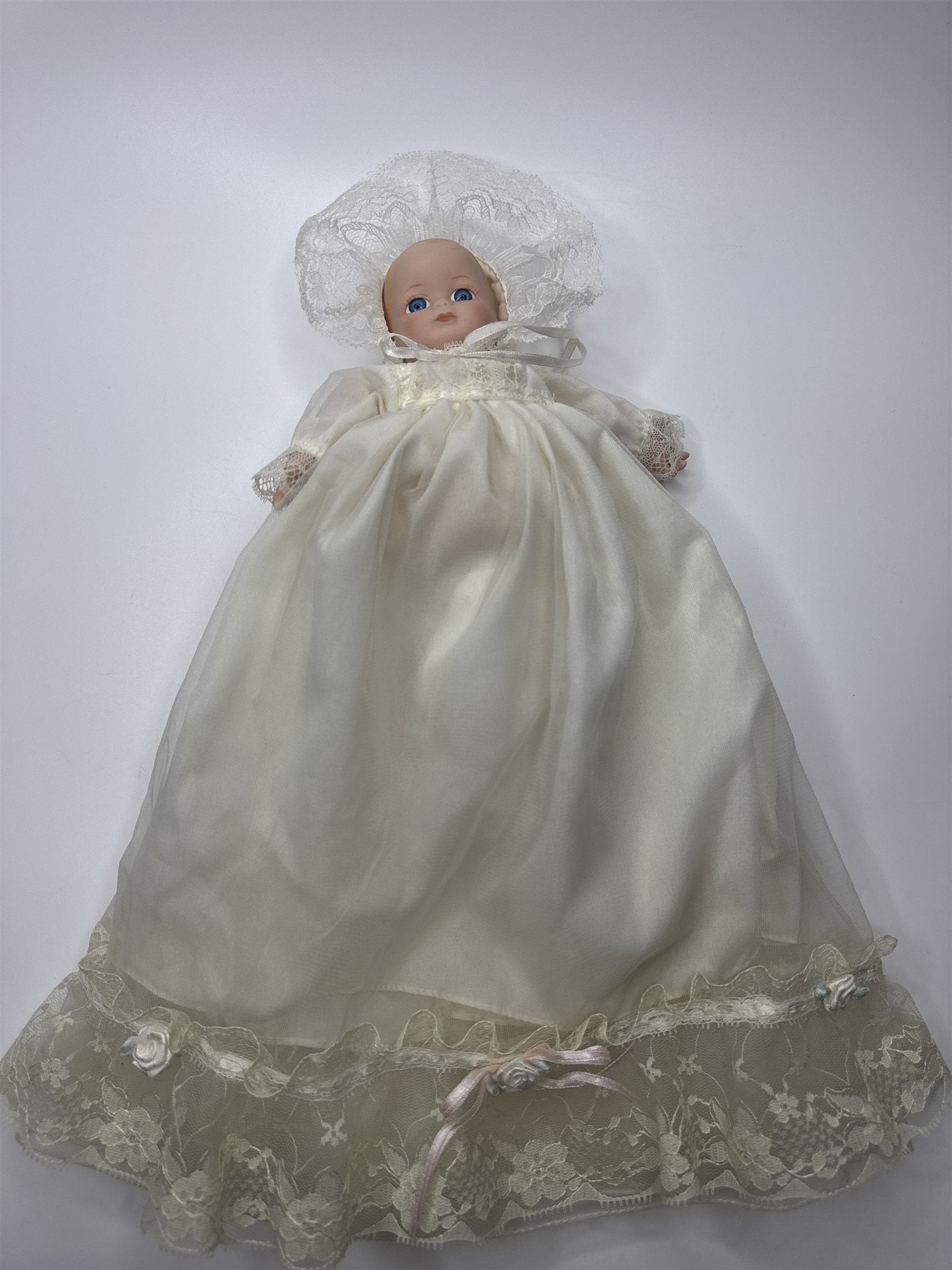 Baby Porcelain Motion/Musical Doll w/ Christening Gown "Hush Little Baby"
