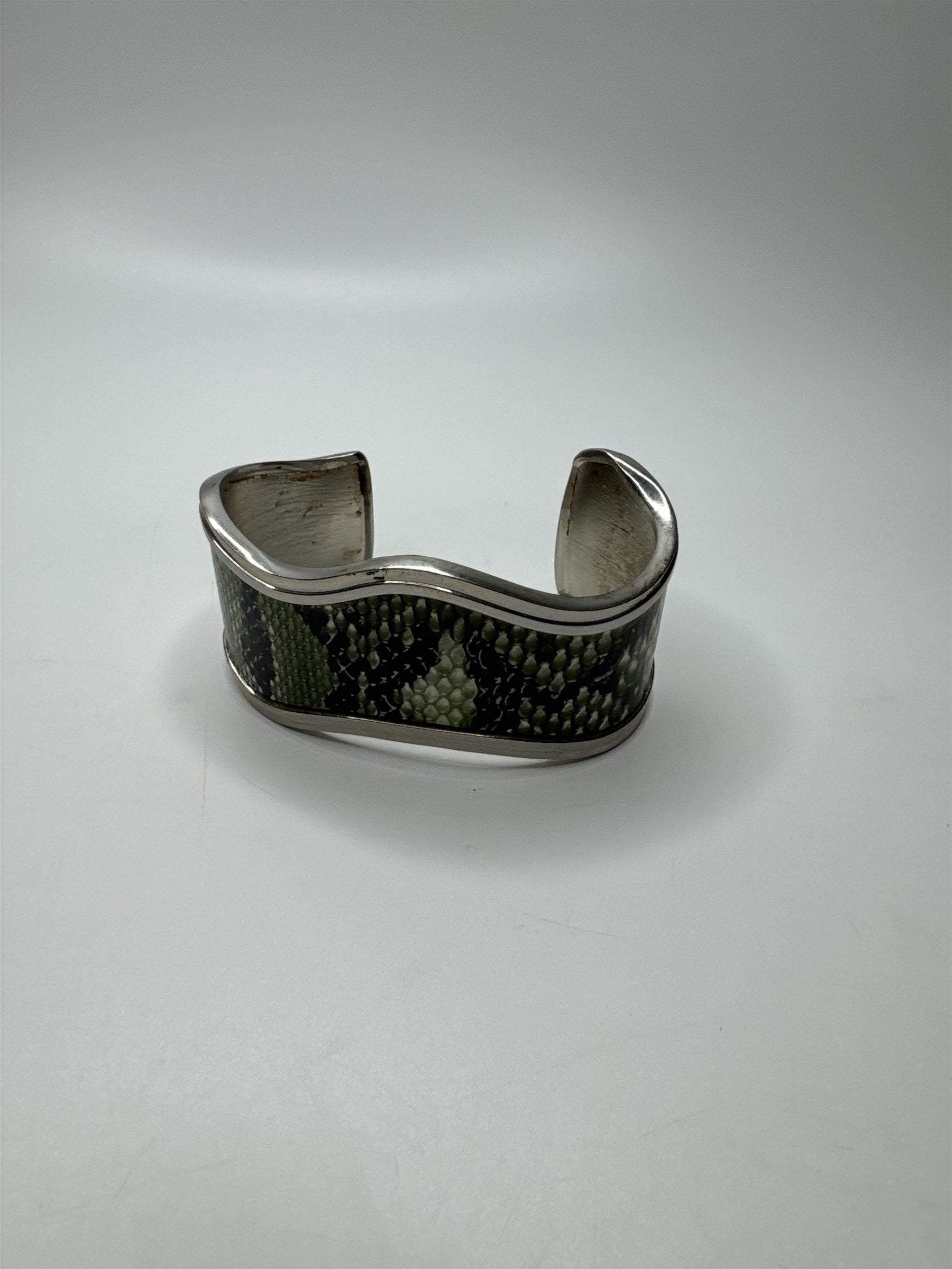 Vintage Green and Black Snake Print Silver-Toned Metal Cuff Bracelet