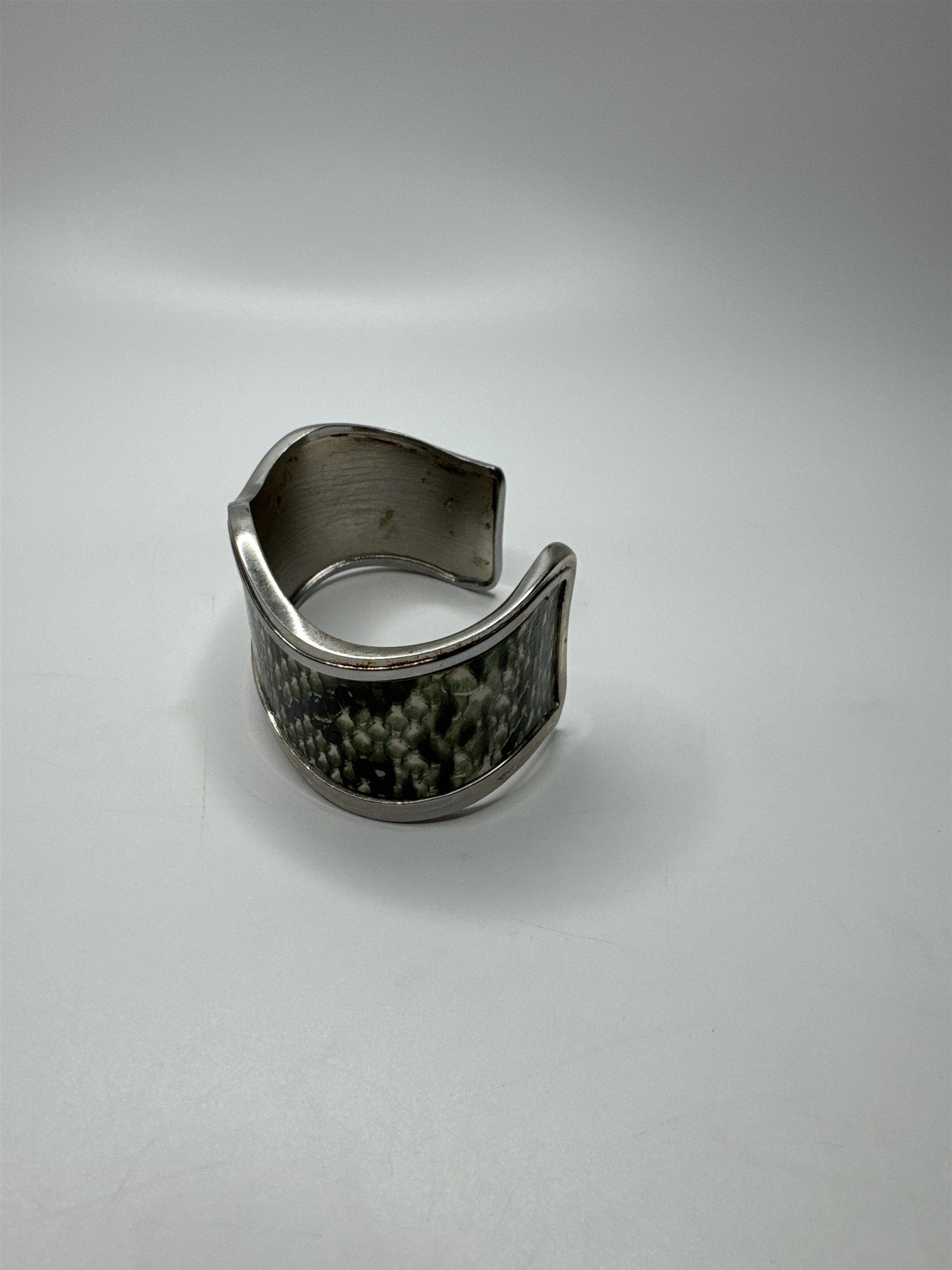 Vintage Green and Black Snake Print Silver-Toned Metal Cuff Bracelet