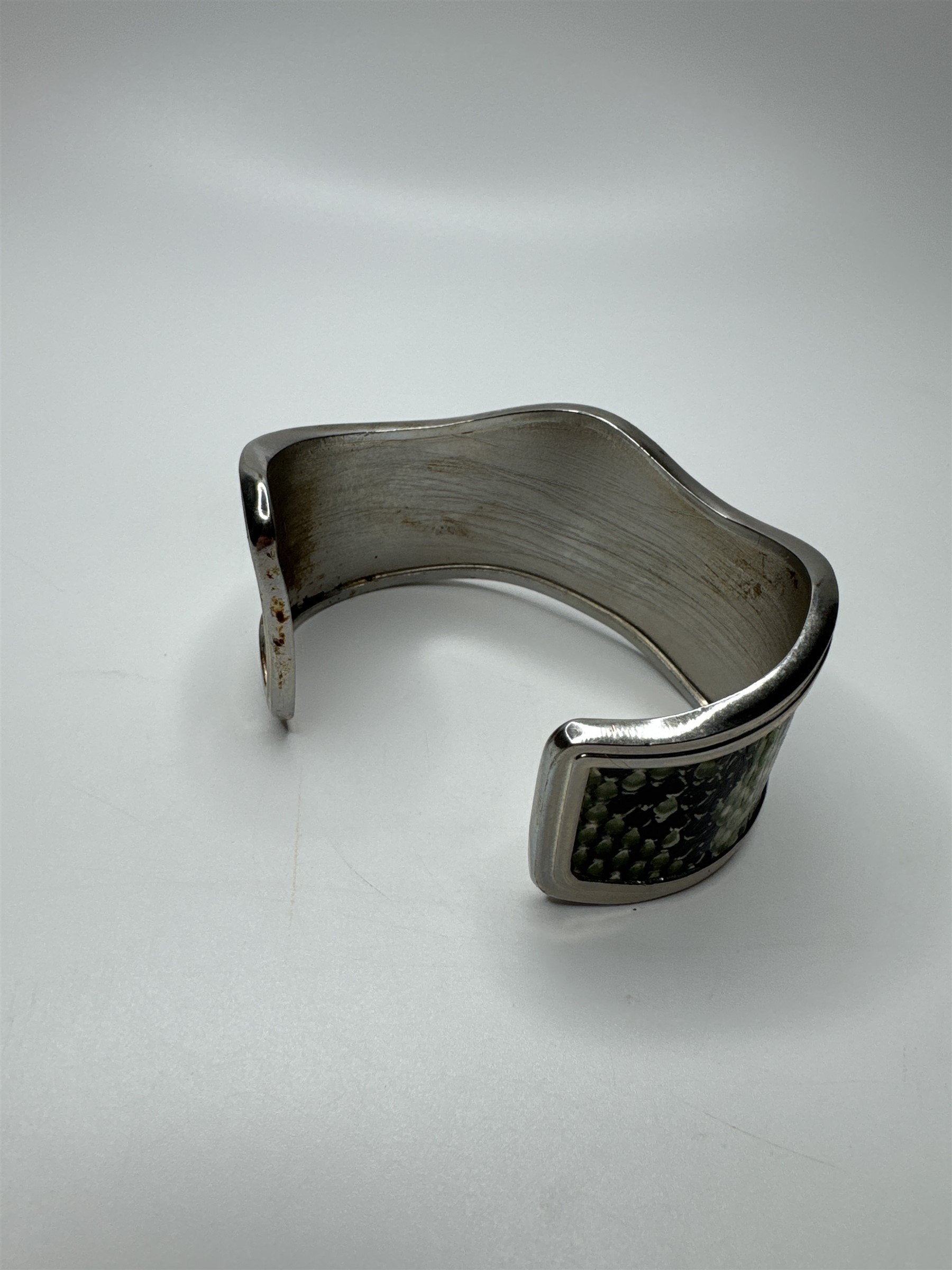 Vintage Green and Black Snake Print Silver-Toned Metal Cuff Bracelet