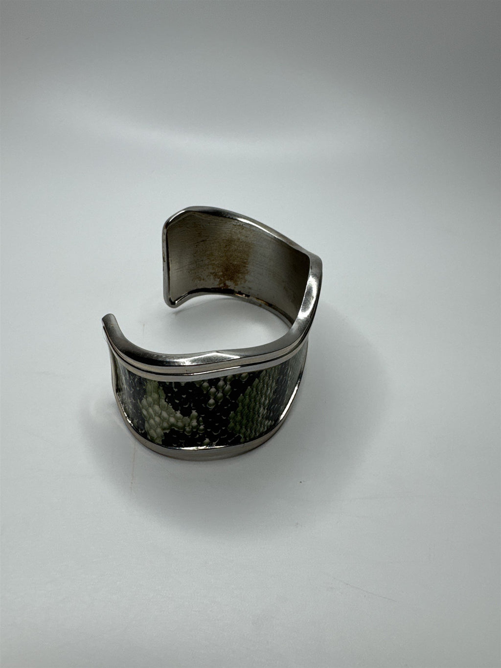 Vintage Green and Black Snake Print Silver-Toned Metal Cuff Bracelet