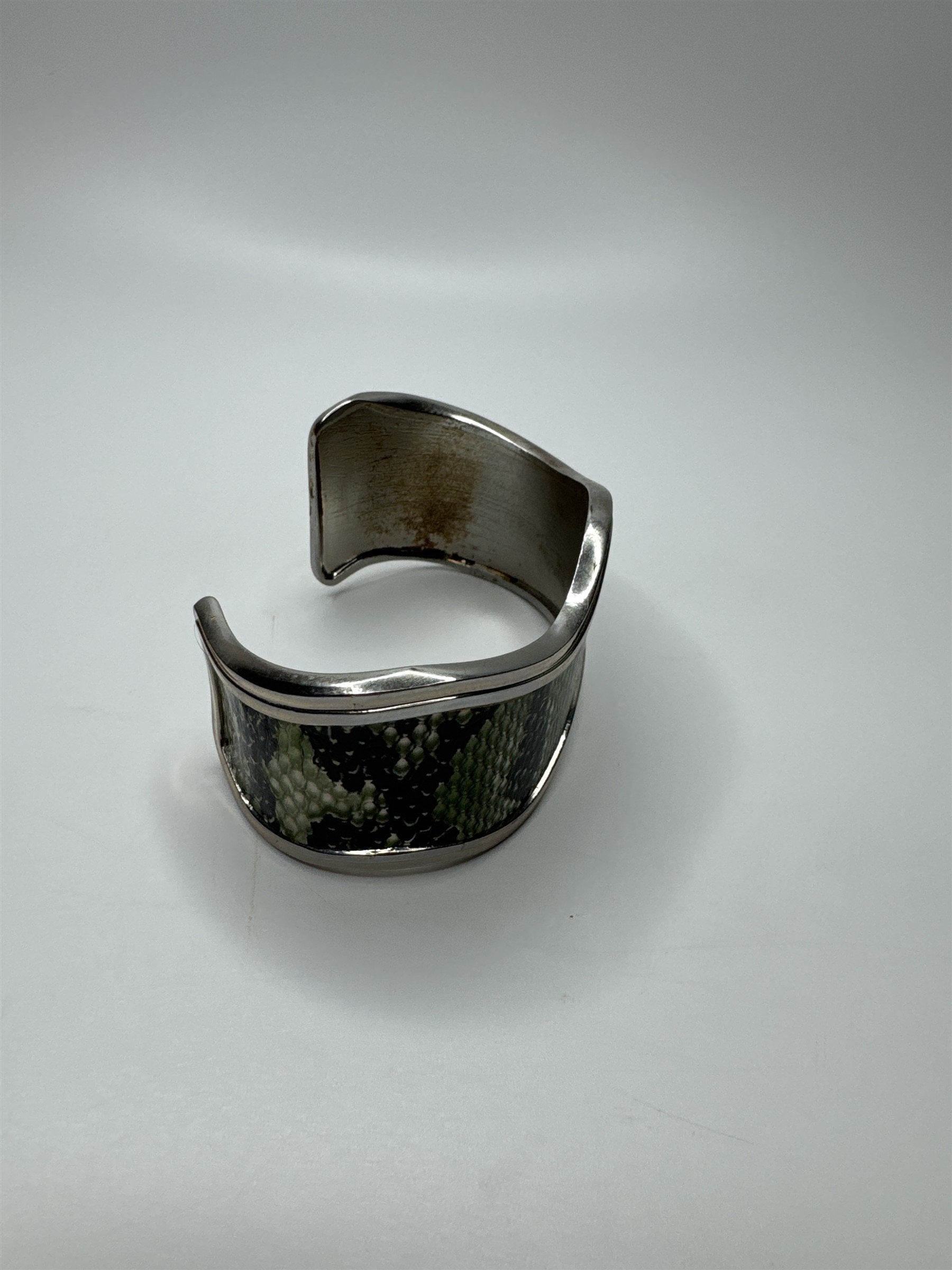 Vintage Green and Black Snake Print Silver-Toned Metal Cuff Bracelet
