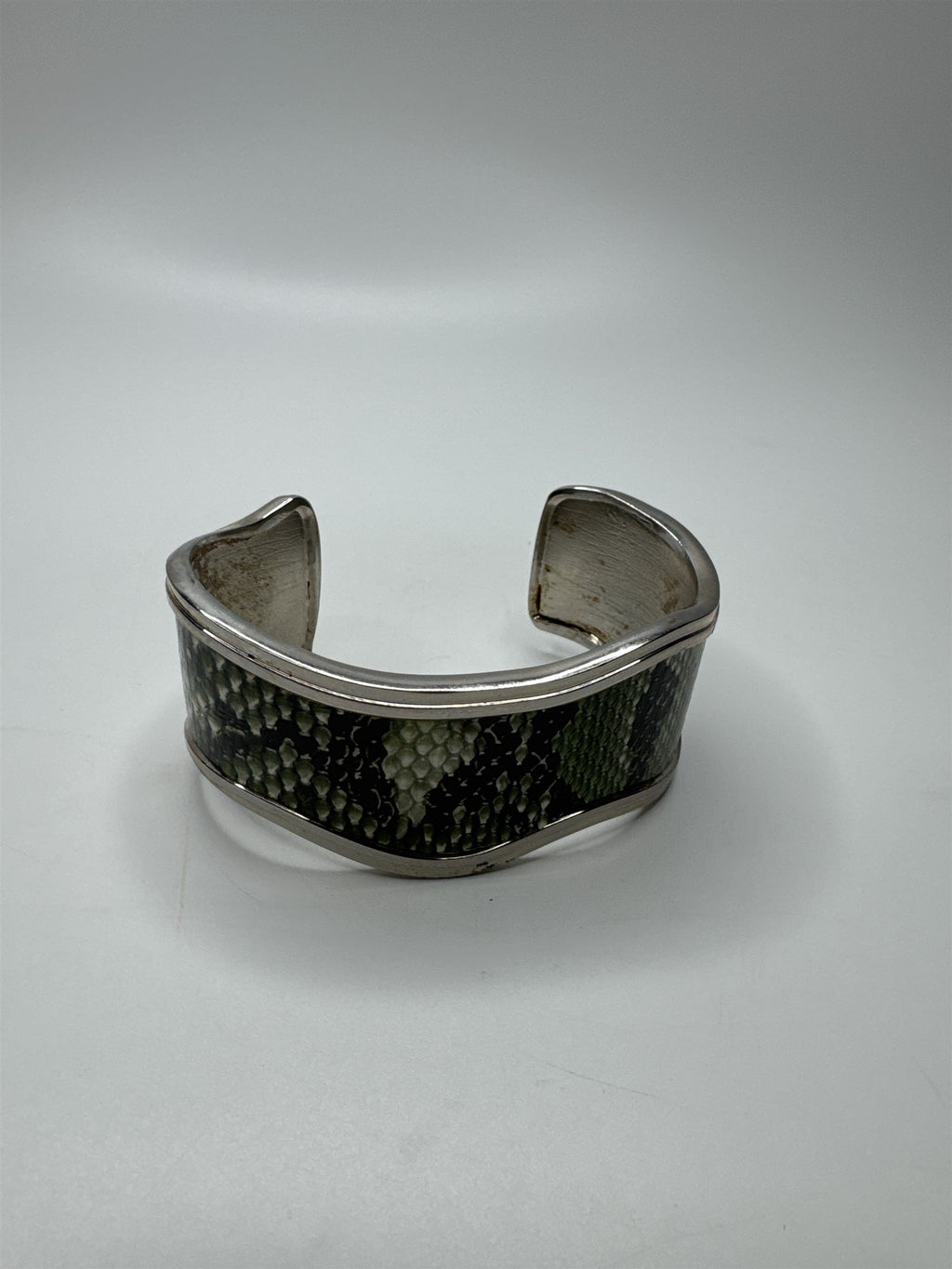 Vintage Green and Black Snake Print Silver-Toned Metal Cuff Bracelet