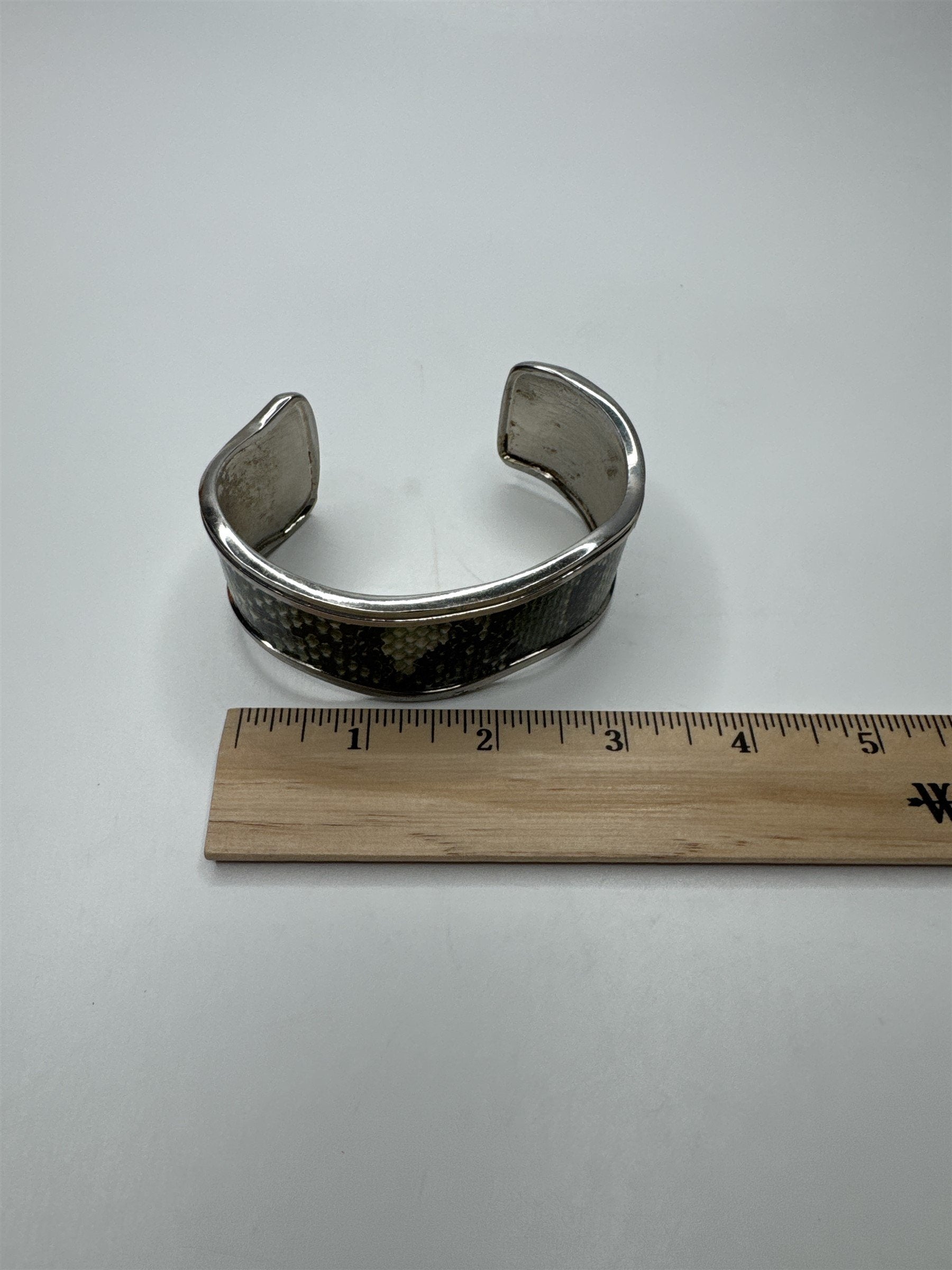 Vintage Green and Black Snake Print Silver-Toned Metal Cuff Bracelet
