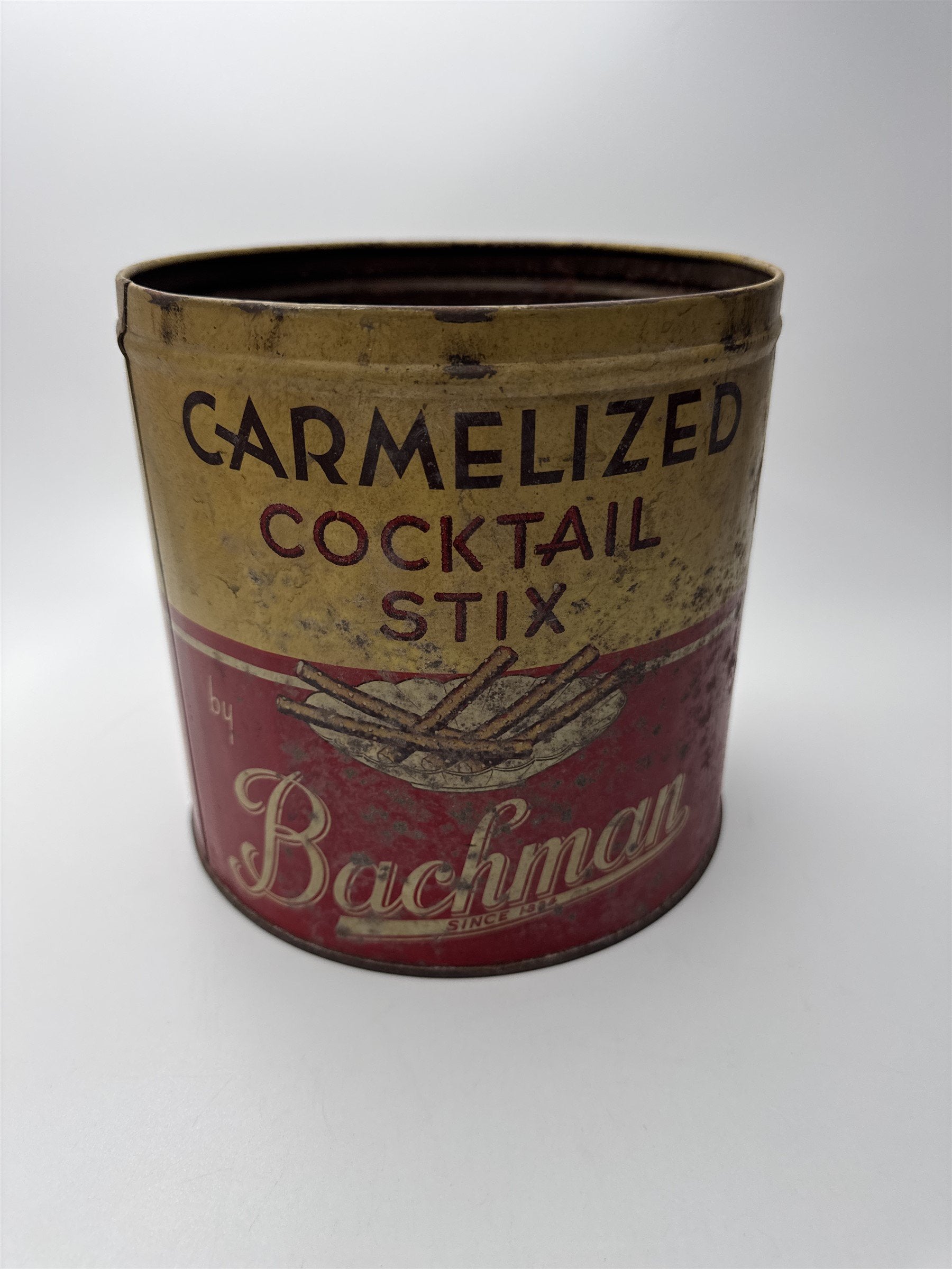 Vintage Bachman BakeriesCaramelized Cocktail Stix Empty Tin Can Rusty Nostalgic