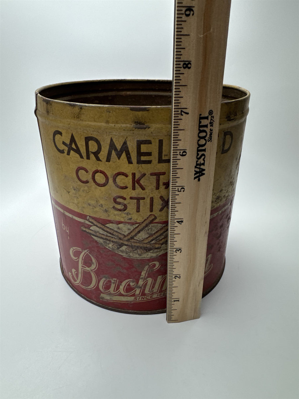 Vintage Bachman BakeriesCaramelized Cocktail Stix Empty Tin Can Rusty Nostalgic