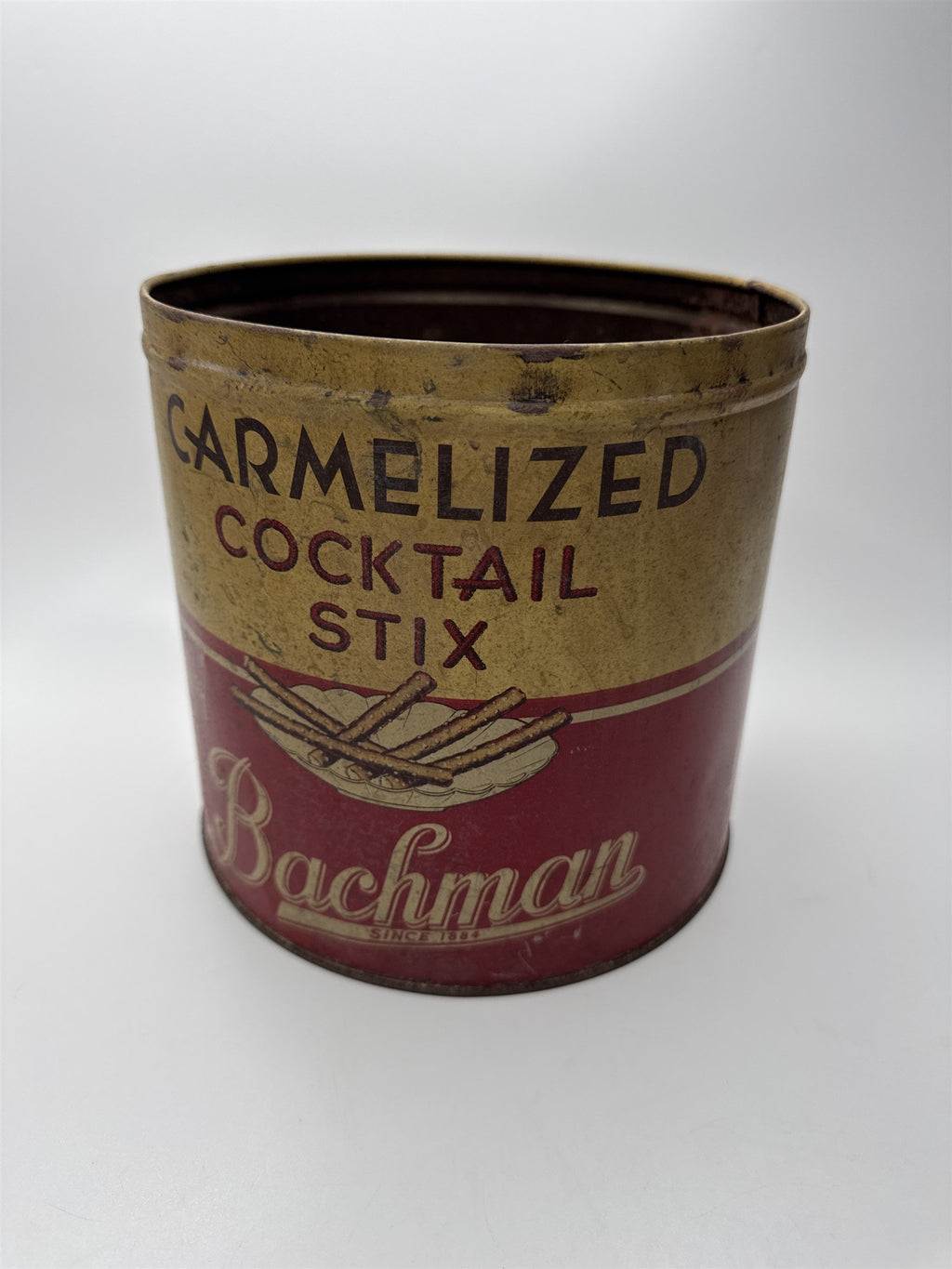 Vintage Bachman BakeriesCaramelized Cocktail Stix Empty Tin Can Rusty Nostalgic