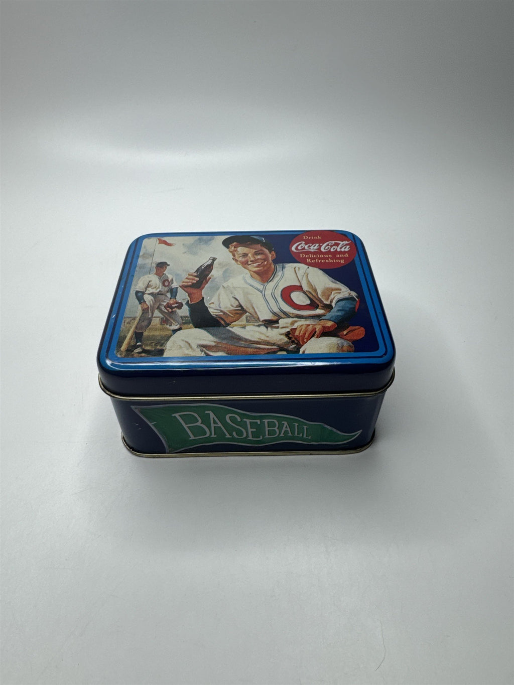 Vintage Drink Coca-Cola Delicious and Refreshing Baseball Player Empty Tin 5x4