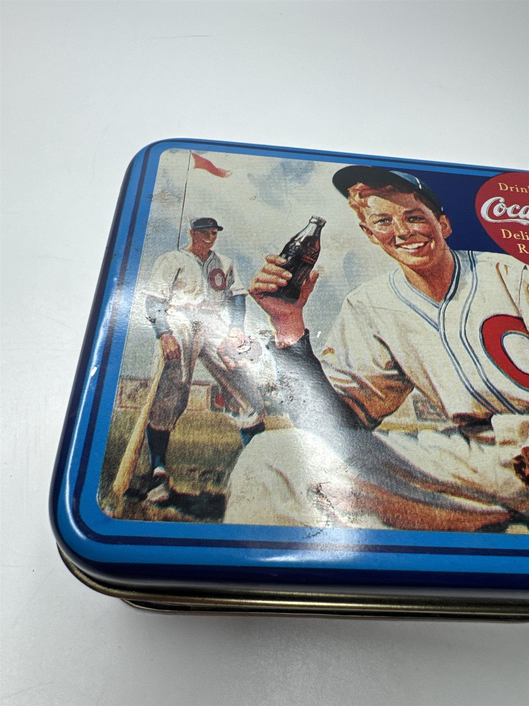 Vintage Drink Coca-Cola Delicious and Refreshing Baseball Player Empty Tin 5x4