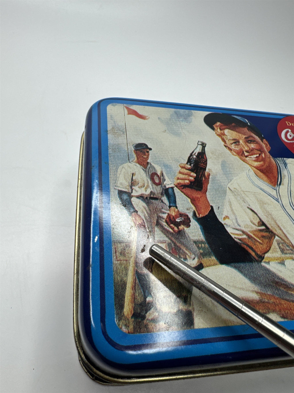 Vintage Drink Coca-Cola Delicious and Refreshing Baseball Player Empty Tin 5x4