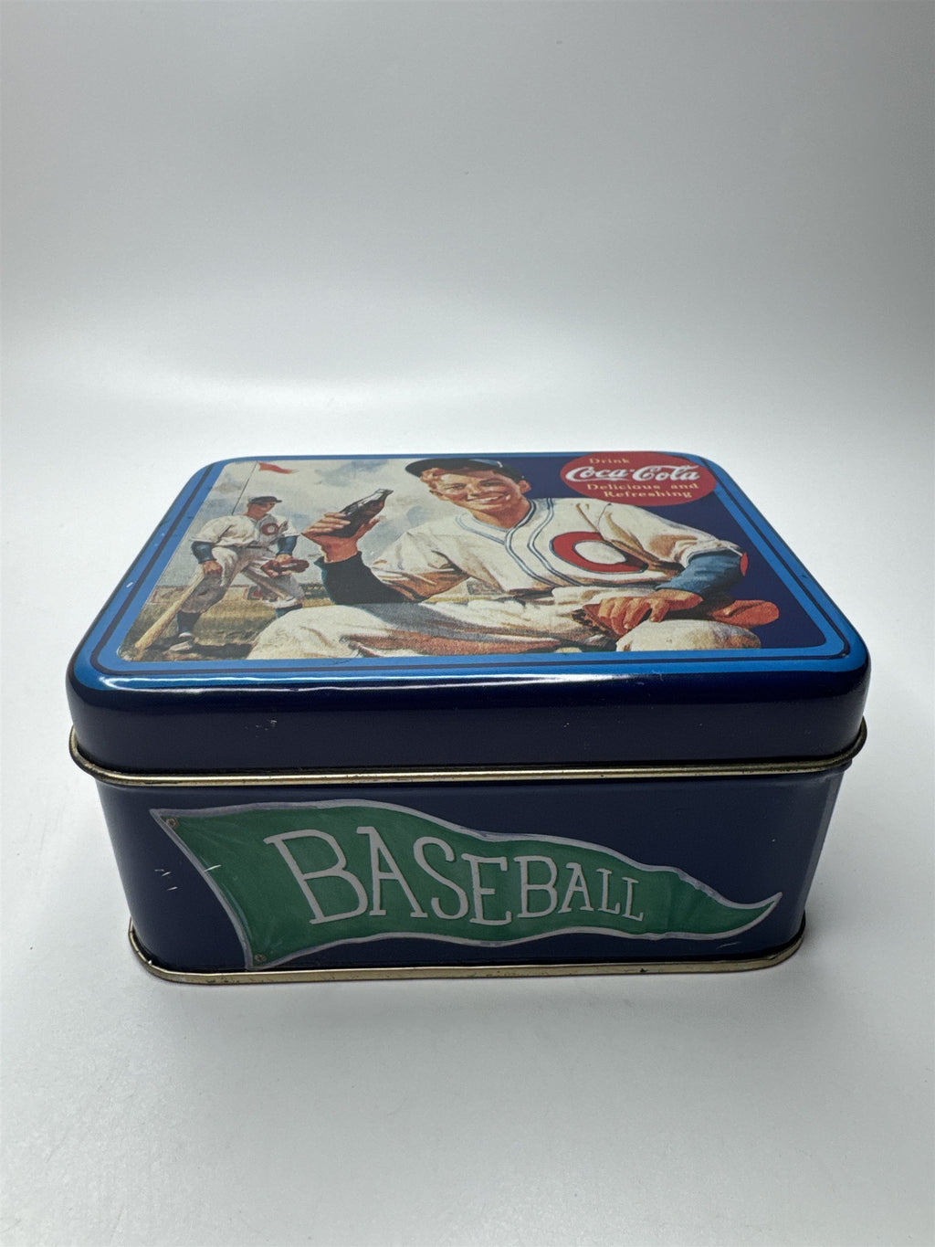 Vintage Drink Coca-Cola Delicious and Refreshing Baseball Player Empty Tin 5x4