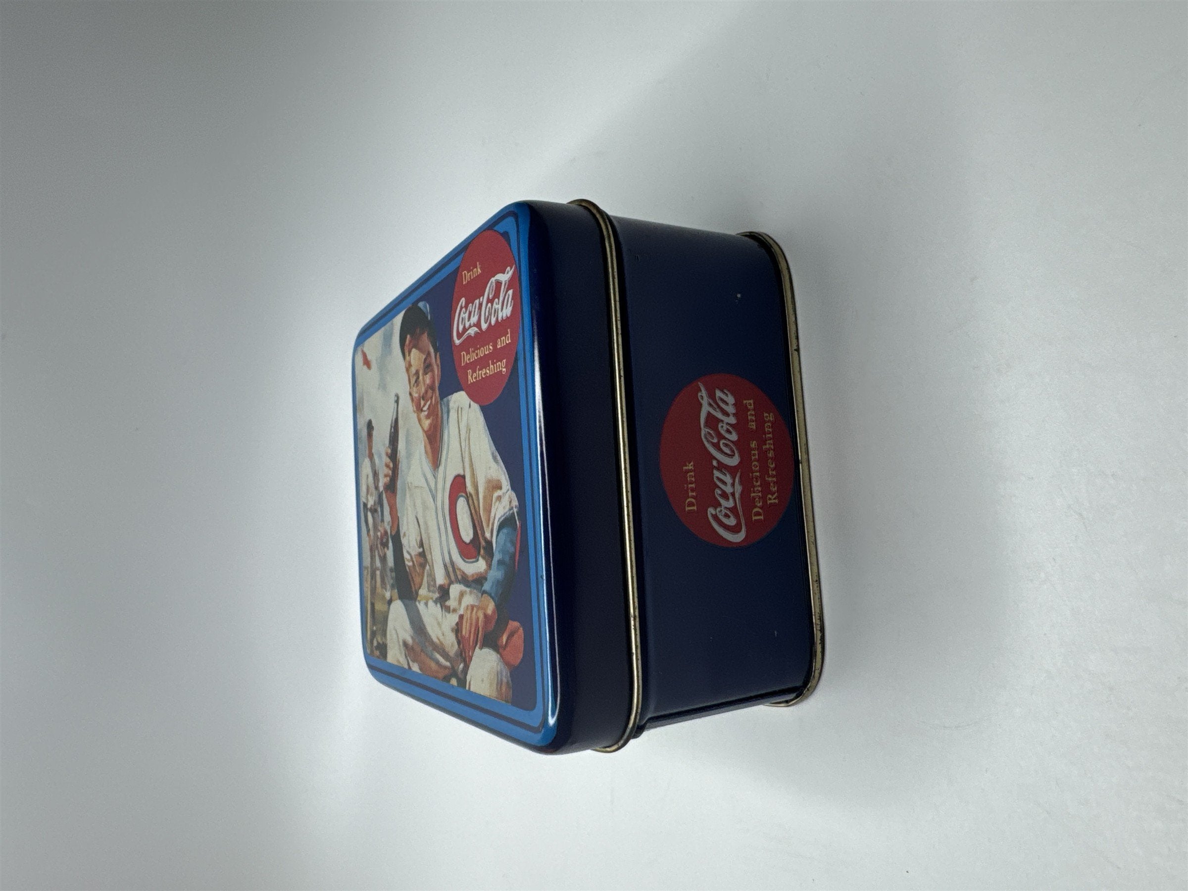 Vintage Drink Coca-Cola Delicious and Refreshing Baseball Player Empty Tin 5x4