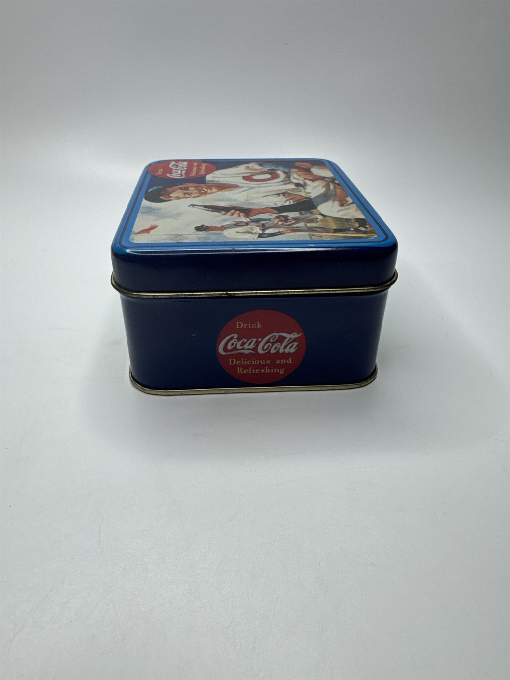 Vintage Drink Coca-Cola Delicious and Refreshing Baseball Player Empty Tin 5x4