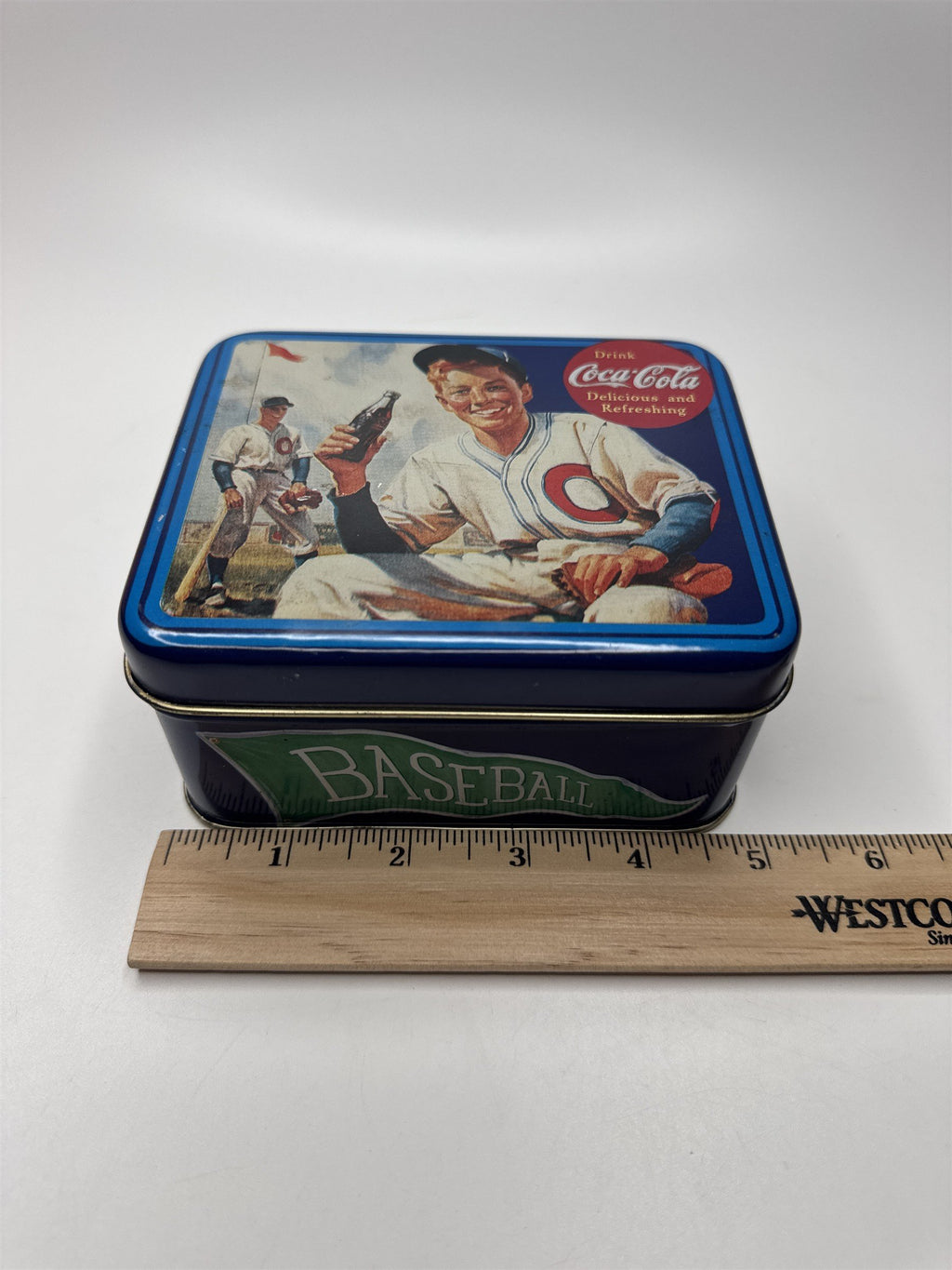 Vintage Drink Coca-Cola Delicious and Refreshing Baseball Player Empty Tin 5x4