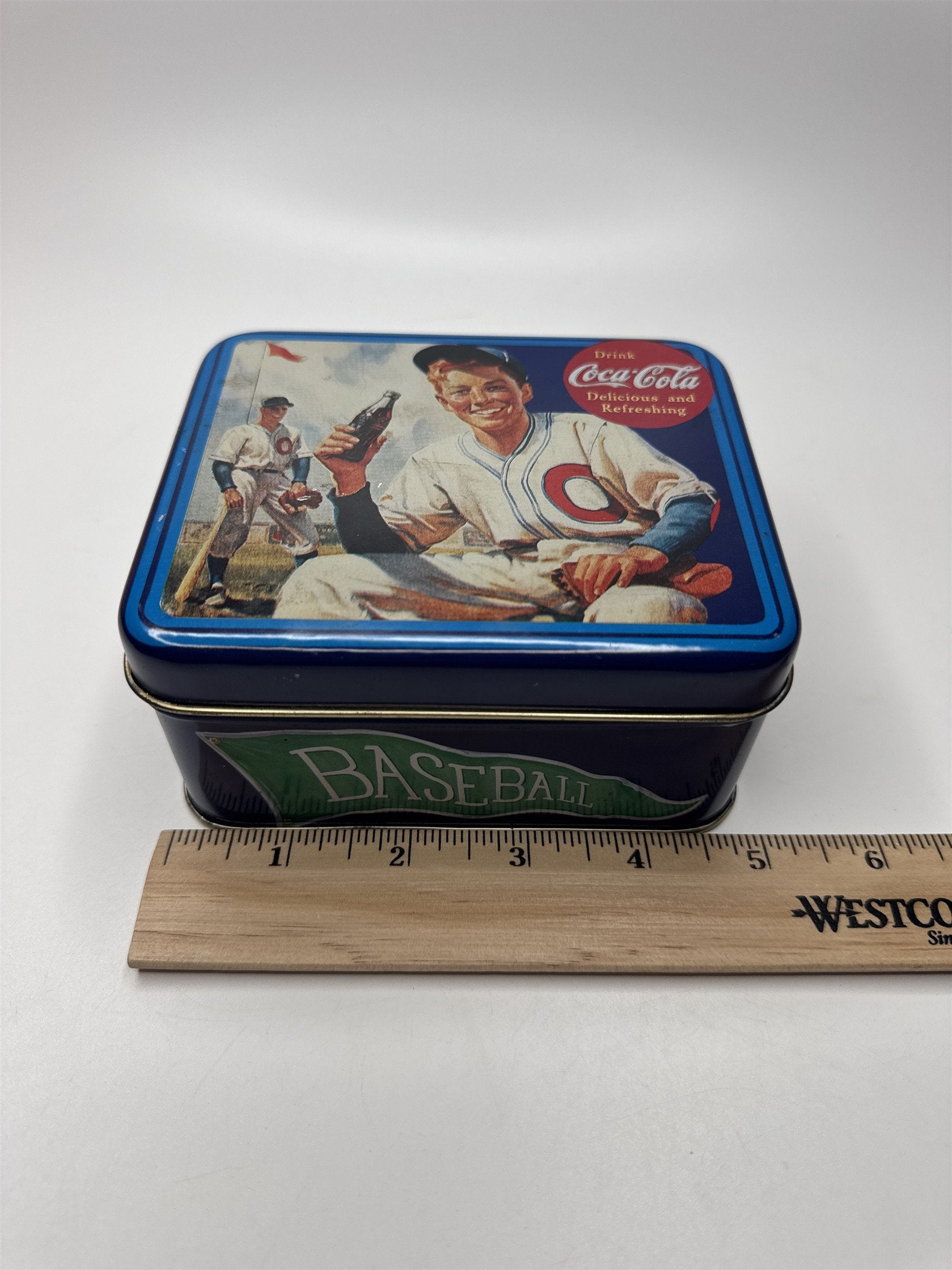 Vintage Drink Coca-Cola Delicious and Refreshing Baseball Player Empty Tin 5x4