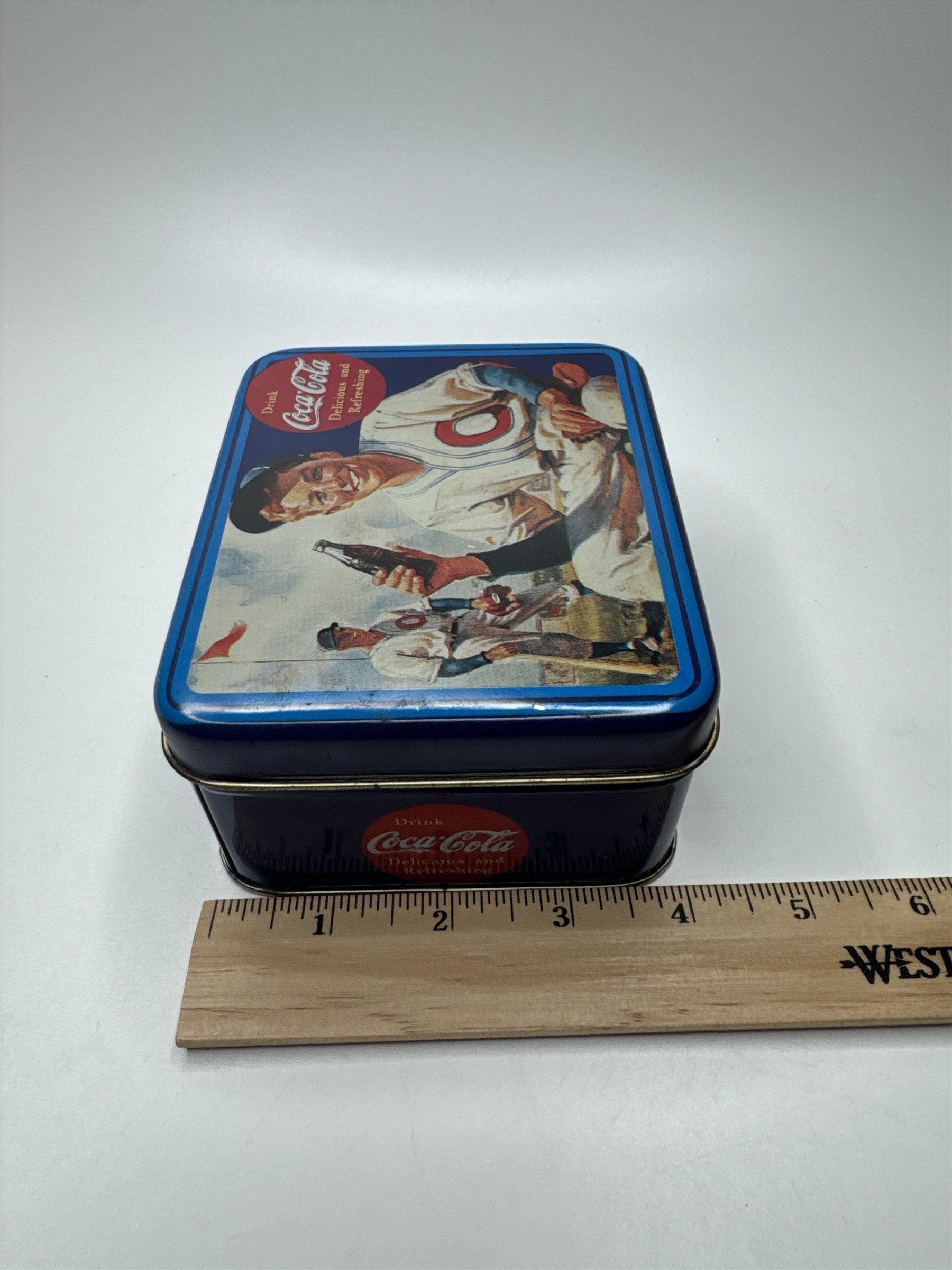Vintage Drink Coca-Cola Delicious and Refreshing Baseball Player Empty Tin 5x4
