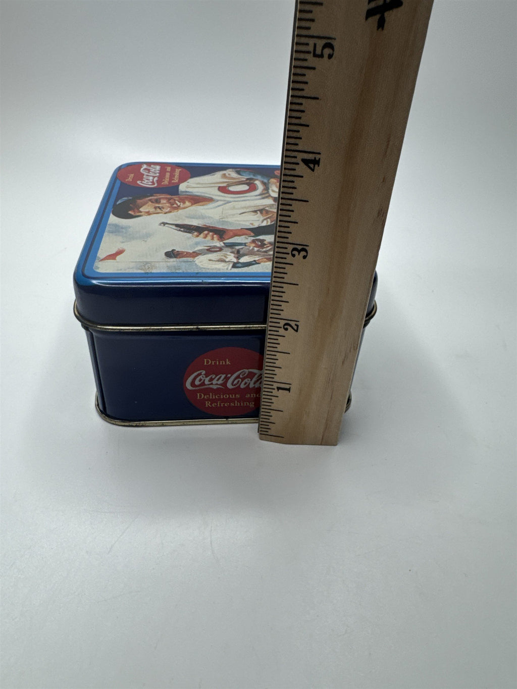 Vintage Drink Coca-Cola Delicious and Refreshing Baseball Player Empty Tin 5x4