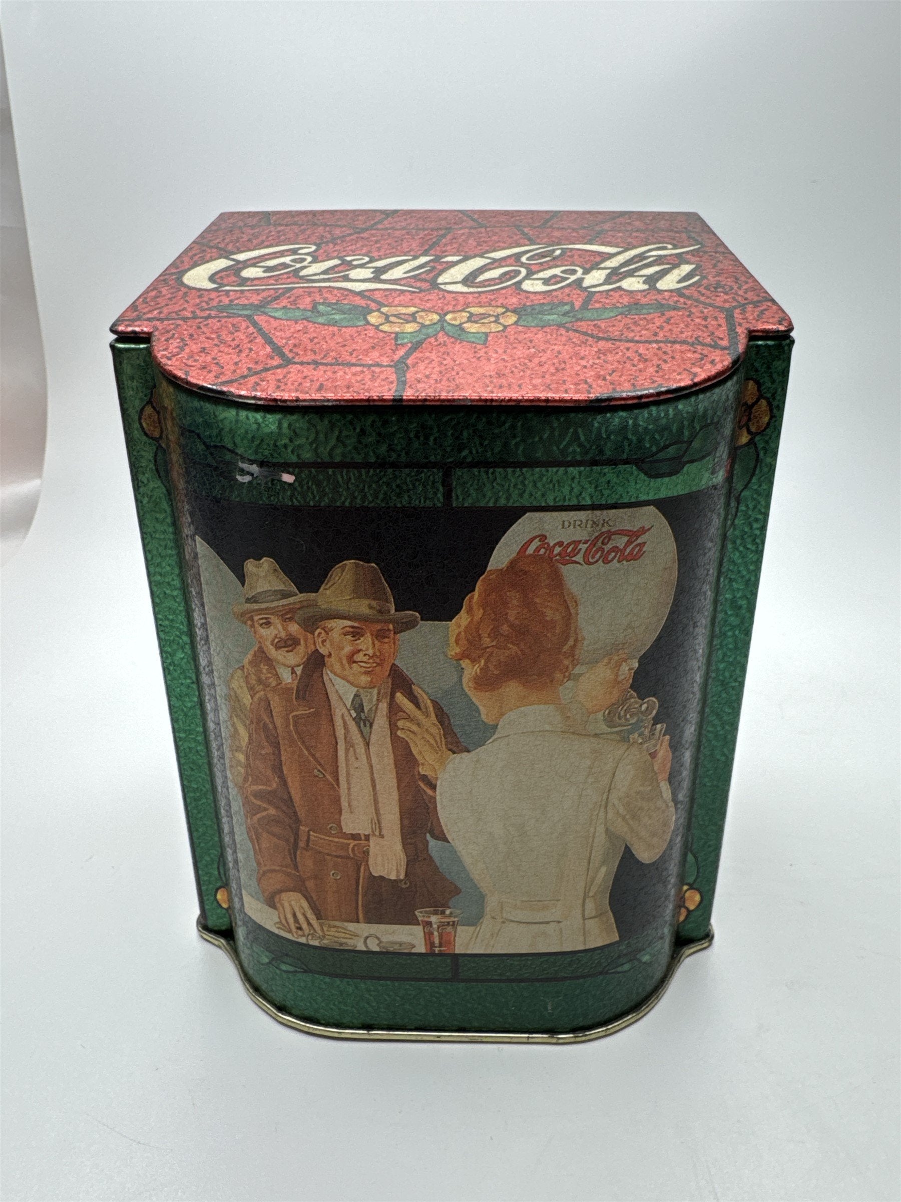Vintage Coca-Cola in Bottles Tin Box with Hinged Lid Stained Glass