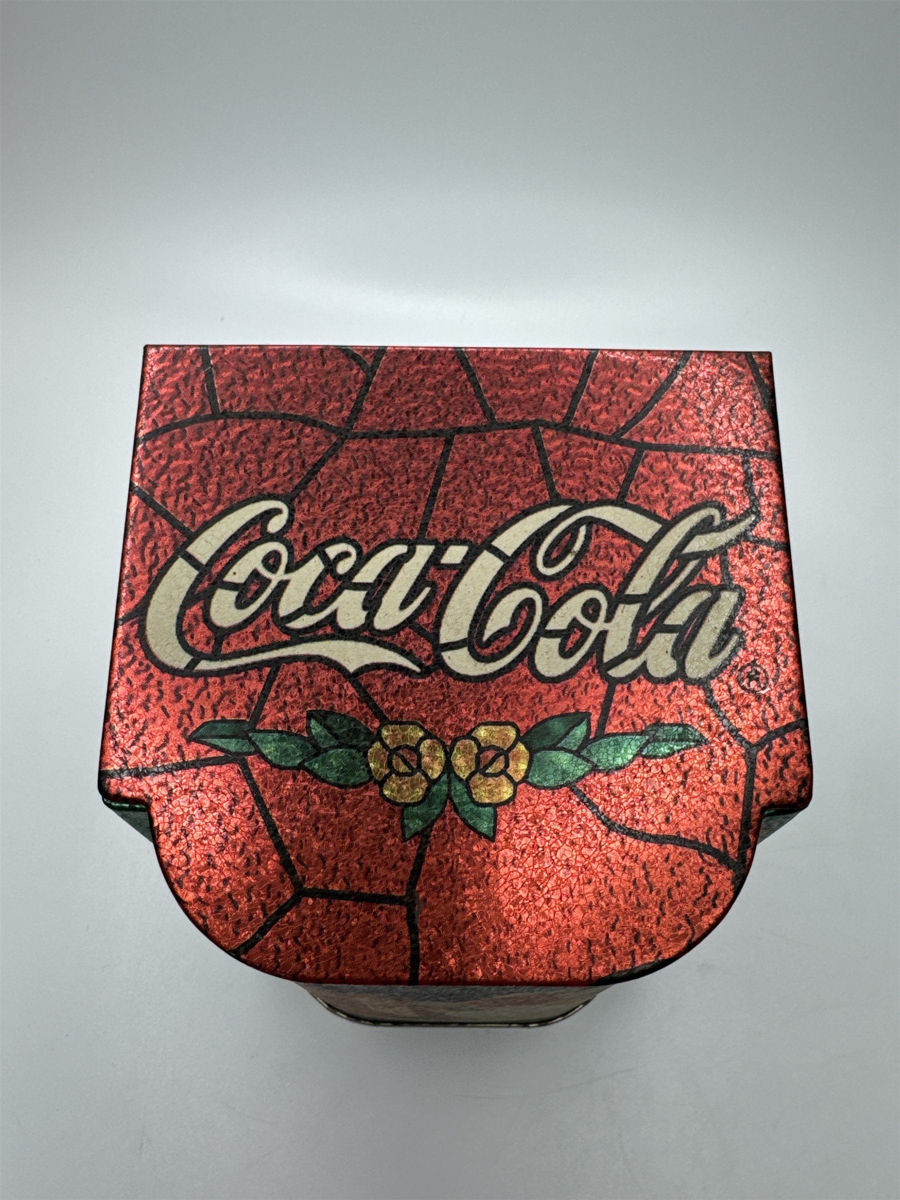 Vintage Coca-Cola in Bottles Tin Box with Hinged Lid Stained Glass
