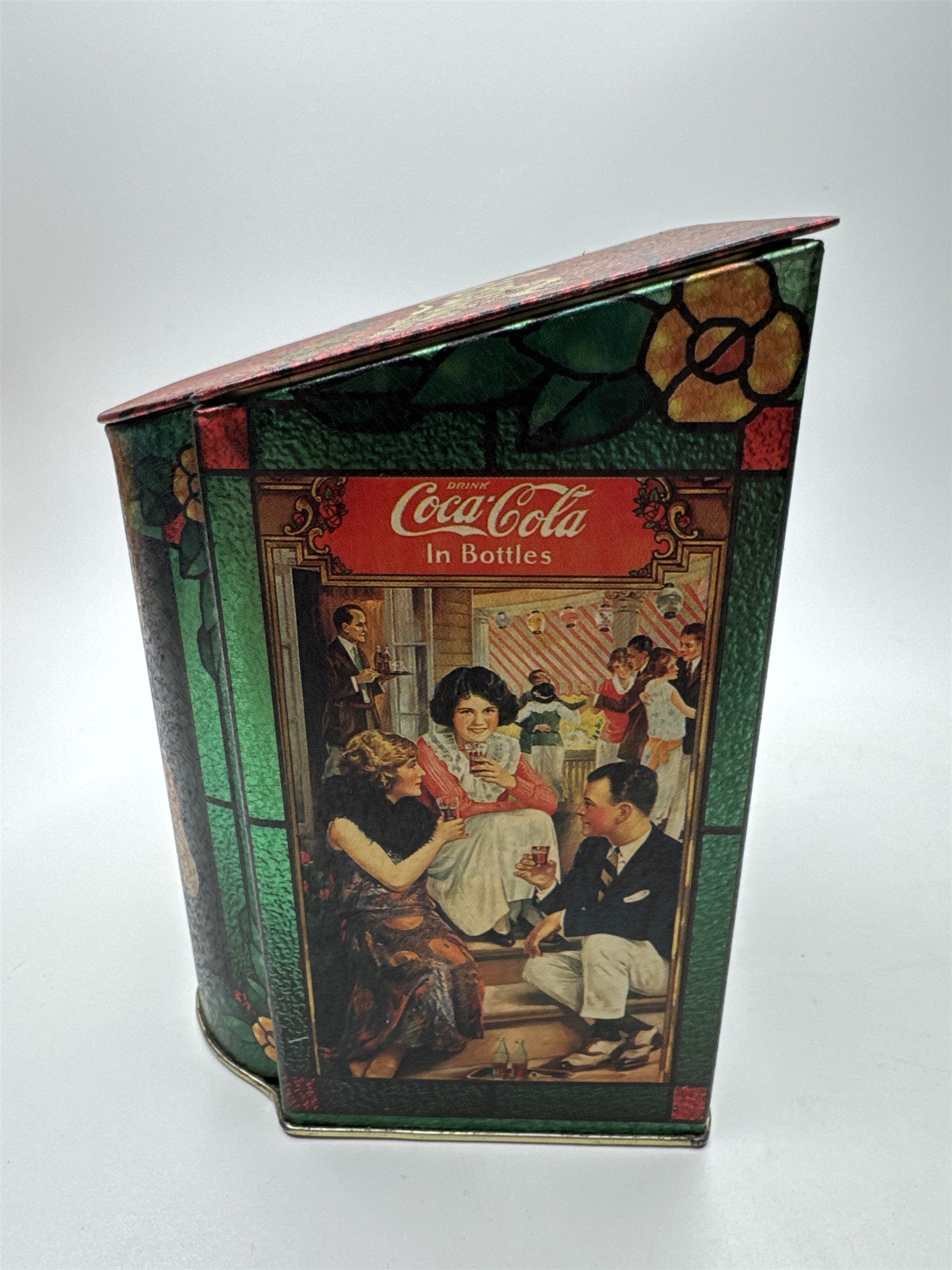 Vintage Coca-Cola in Bottles Tin Box with Hinged Lid Stained Glass