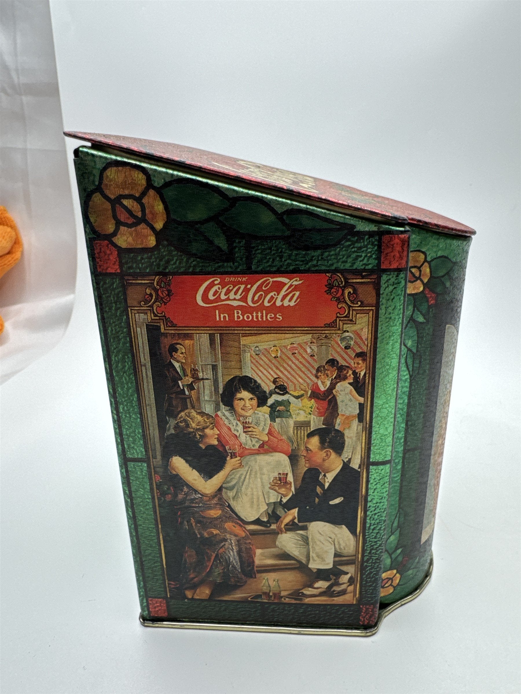 Vintage Coca-Cola in Bottles Tin Box with Hinged Lid Stained Glass