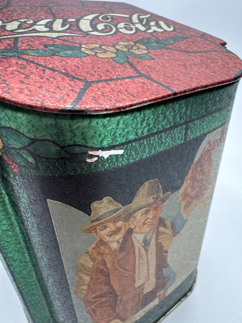 Vintage Coca-Cola in Bottles Tin Box with Hinged Lid Stained Glass