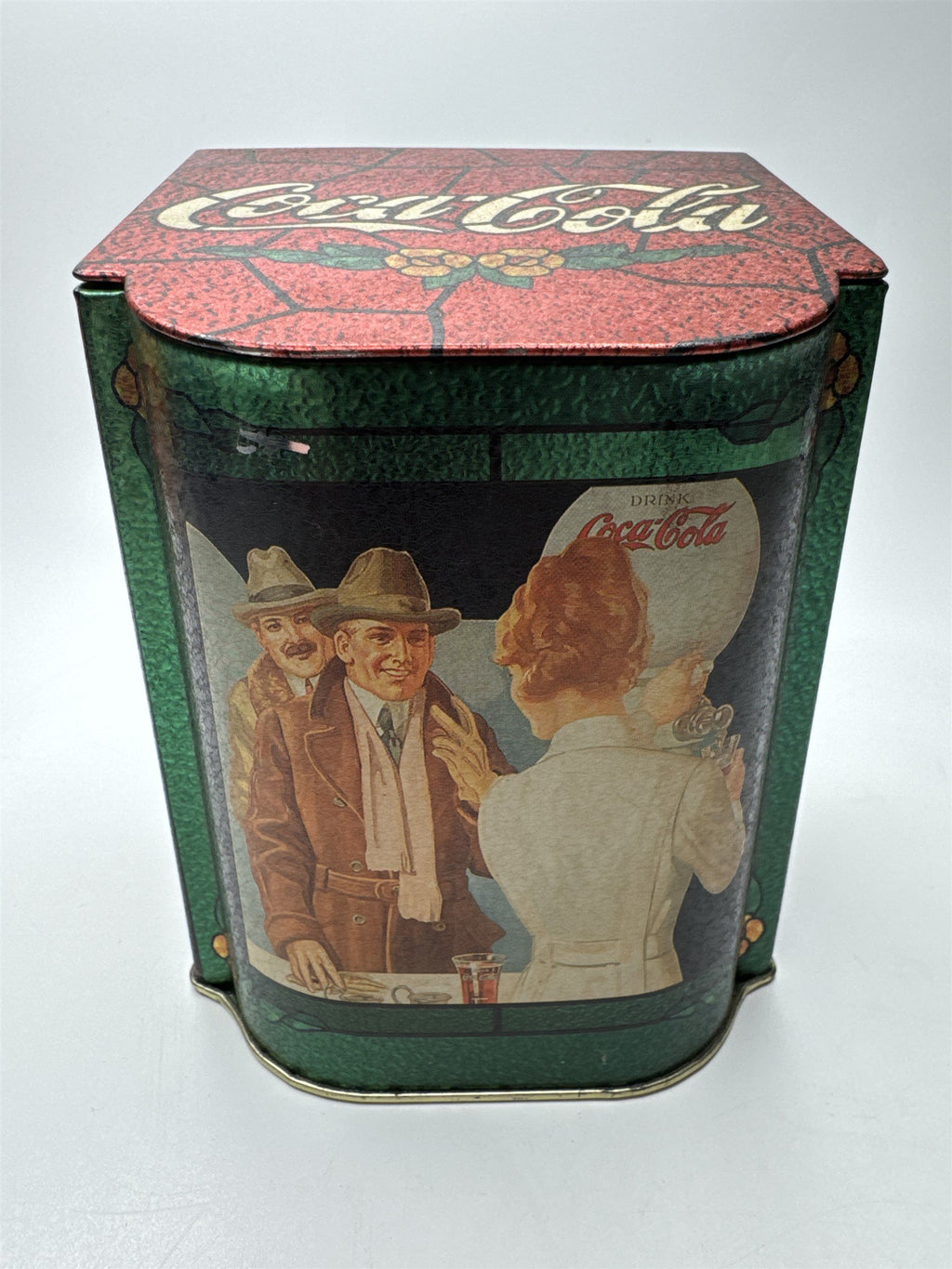 Vintage Coca-Cola in Bottles Tin Box with Hinged Lid Stained Glass