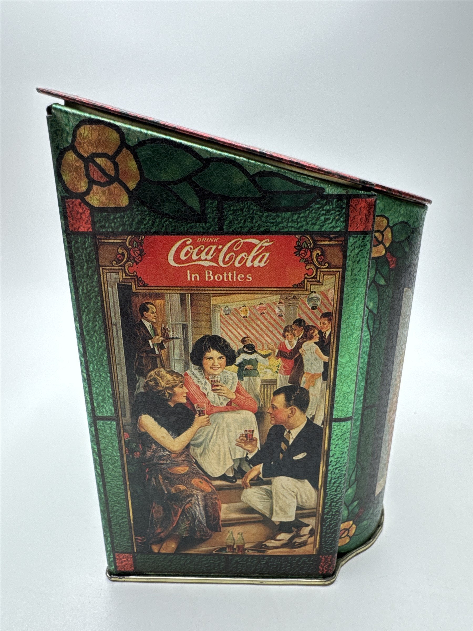 Vintage Coca-Cola in Bottles Tin Box with Hinged Lid Stained Glass