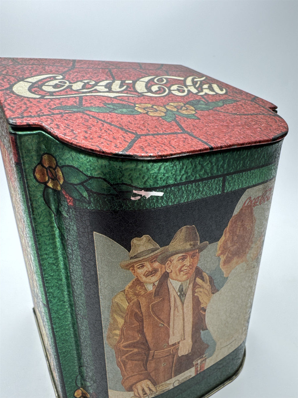 Vintage Coca-Cola in Bottles Tin Box with Hinged Lid Stained Glass