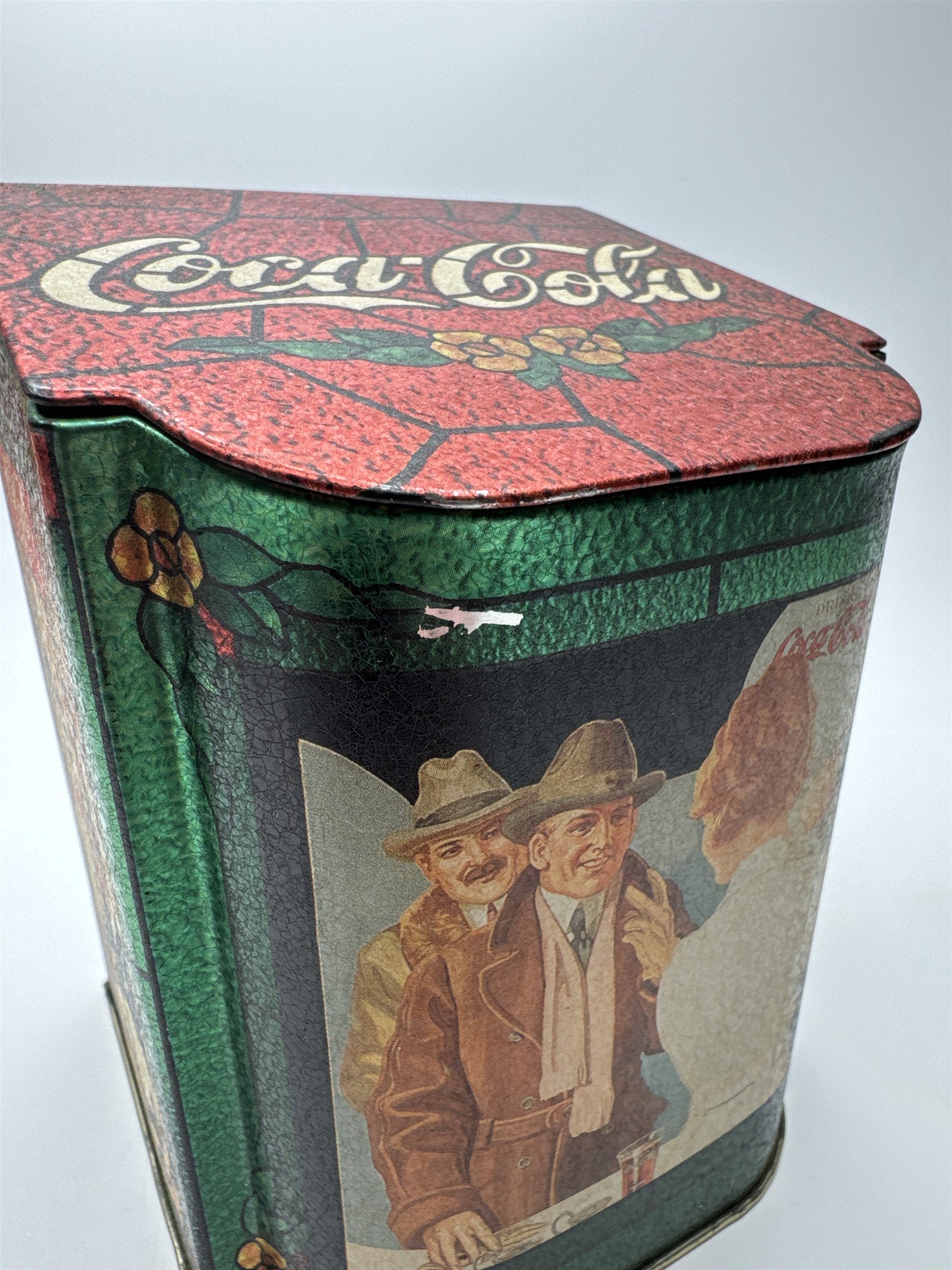 Vintage Coca-Cola in Bottles Tin Box with Hinged Lid Stained Glass