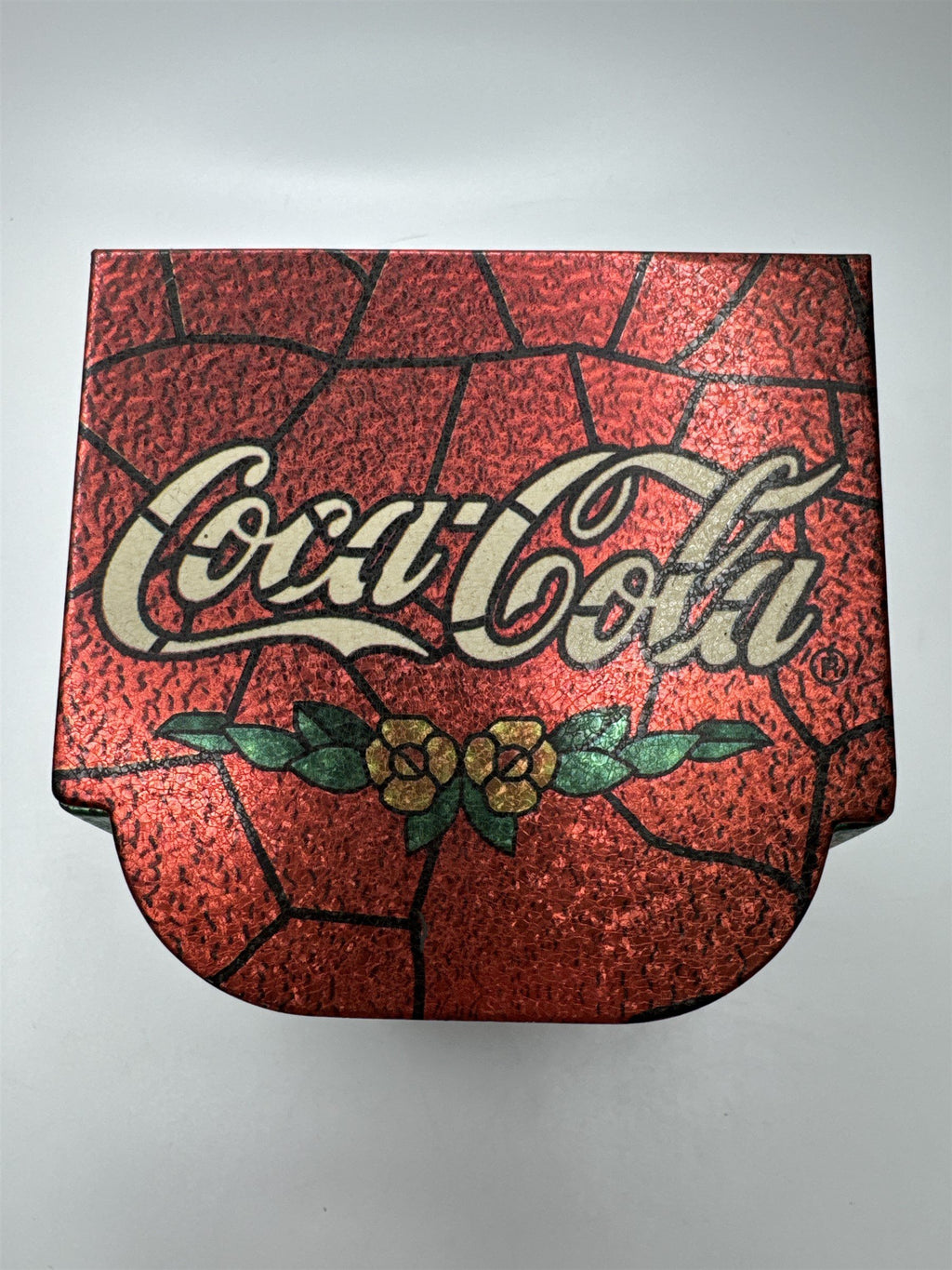 Vintage Coca-Cola in Bottles Tin Box with Hinged Lid Stained Glass
