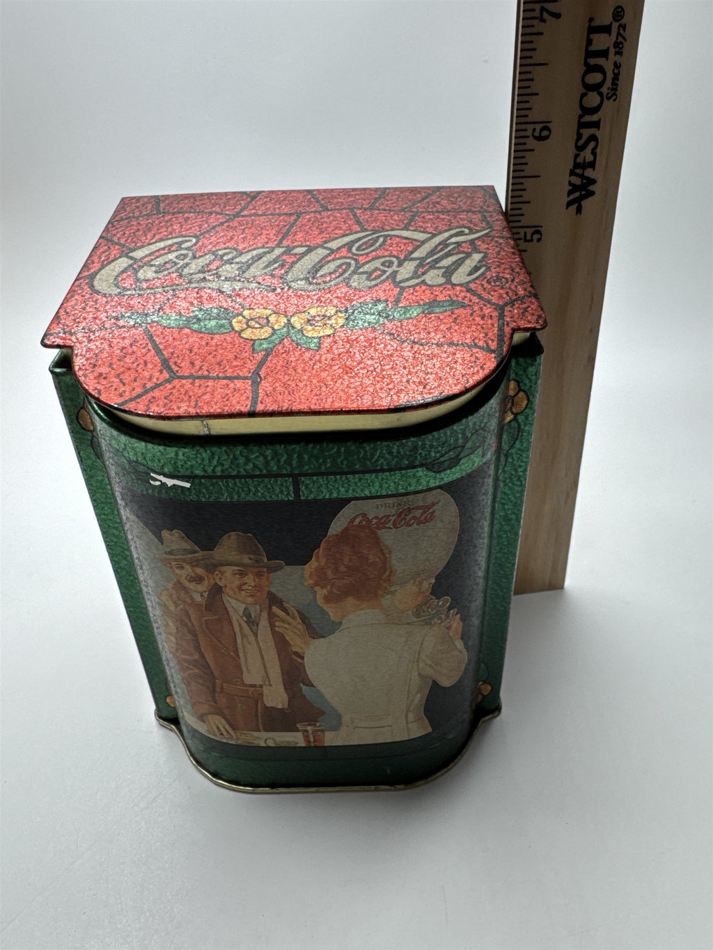 Vintage Coca-Cola in Bottles Tin Box with Hinged Lid Stained Glass