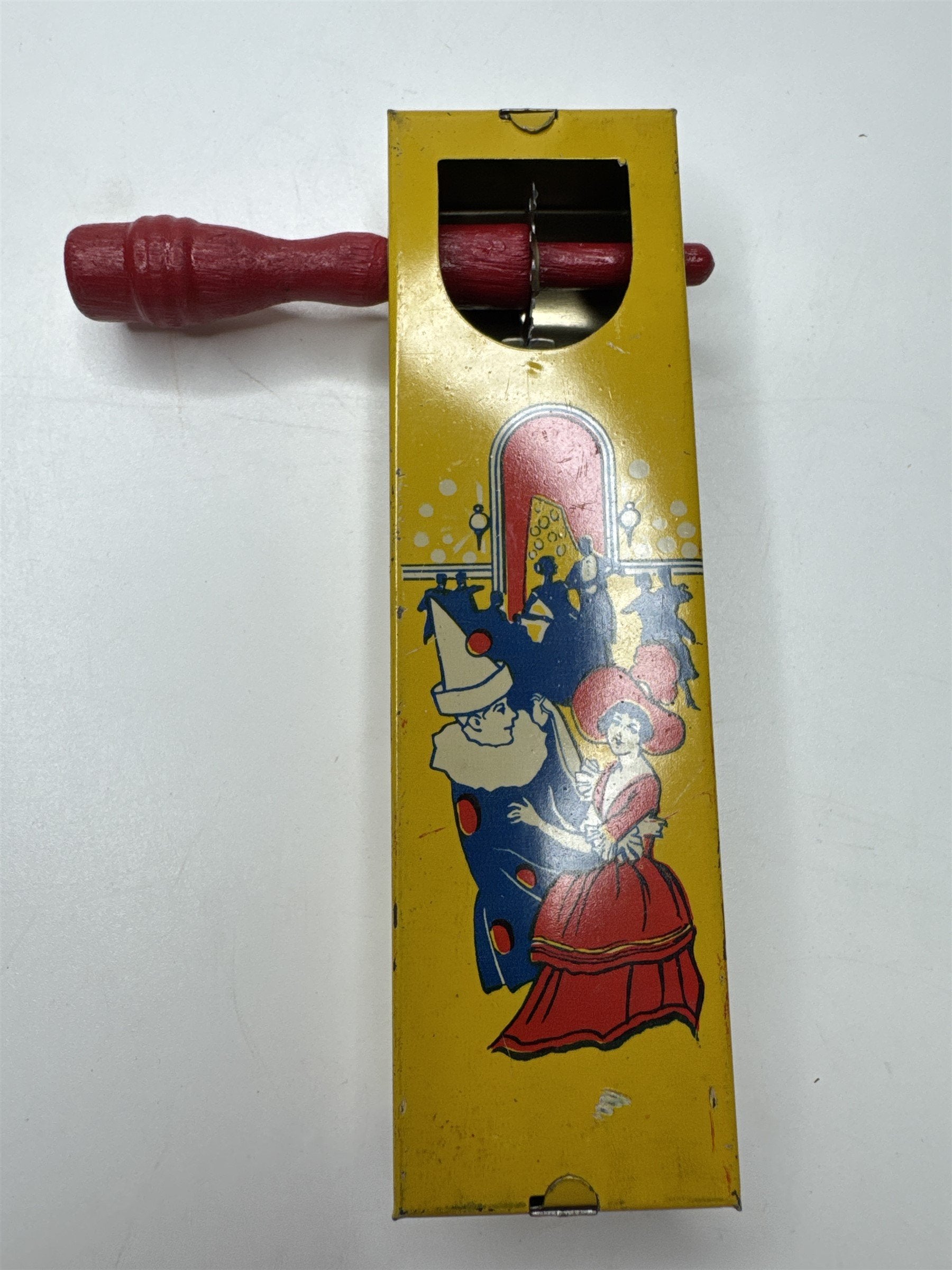 Vintage 1928 Kirchhoff Wooden Handle Tin Noisemaker with Dancers