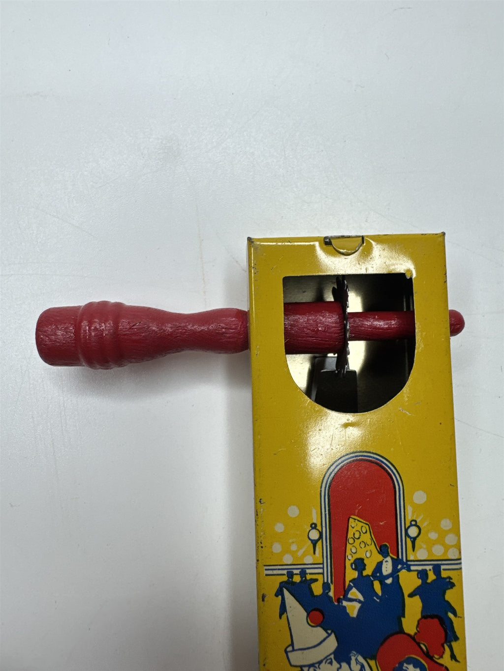 Vintage 1928 Kirchhoff Wooden Handle Tin Noisemaker with Dancers