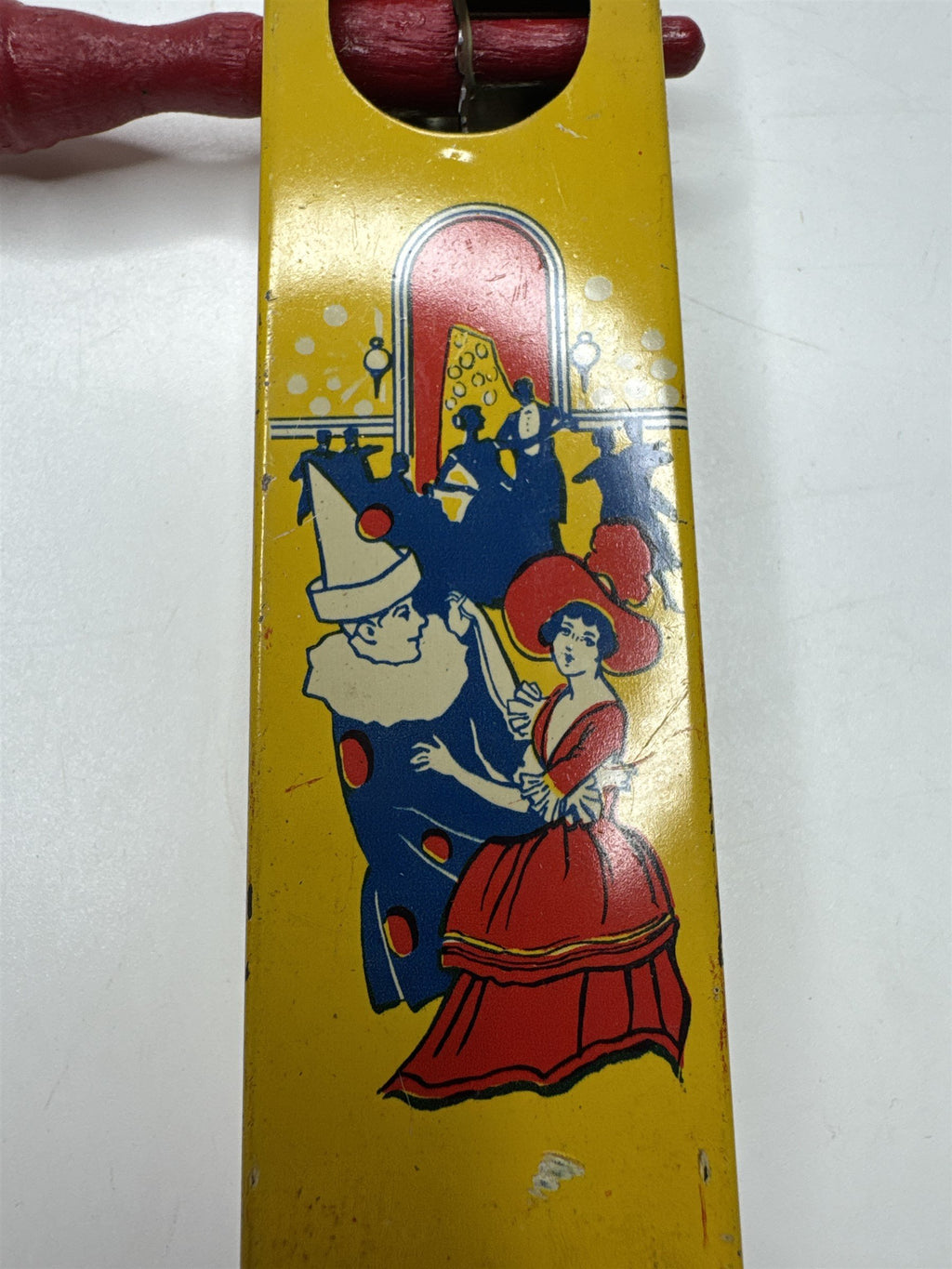 Vintage 1928 Kirchhoff Wooden Handle Tin Noisemaker with Dancers
