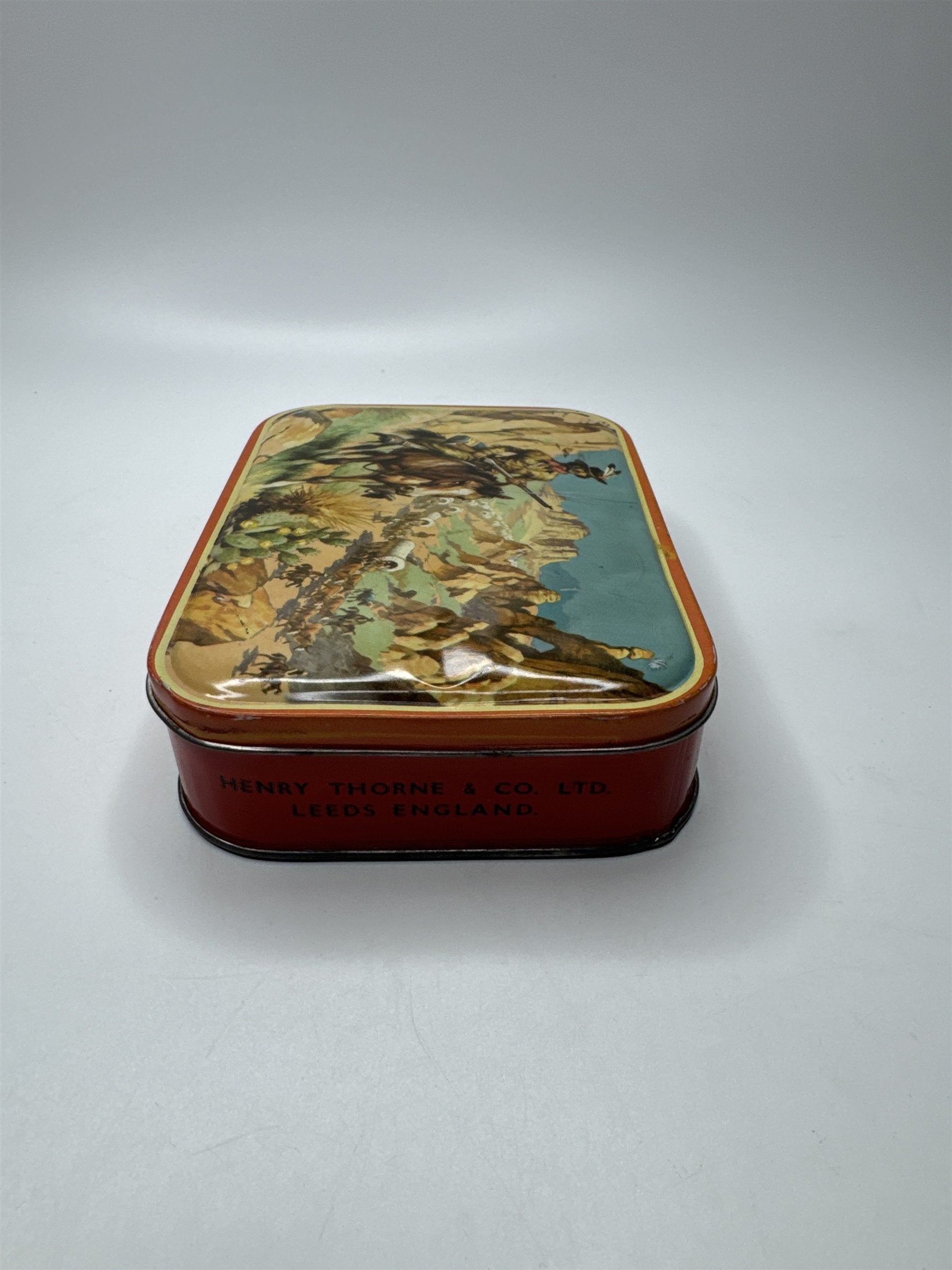 Vintage Henry Thorne & Co Ltd Leeds England Cowboy Horse Native Scene Candy Tin