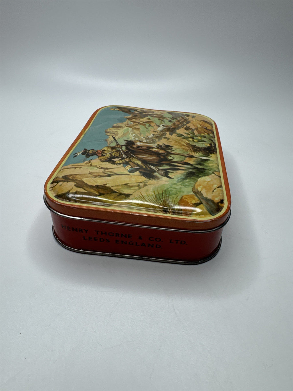 Vintage Henry Thorne & Co Ltd Leeds England Cowboy Horse Native Scene Candy Tin