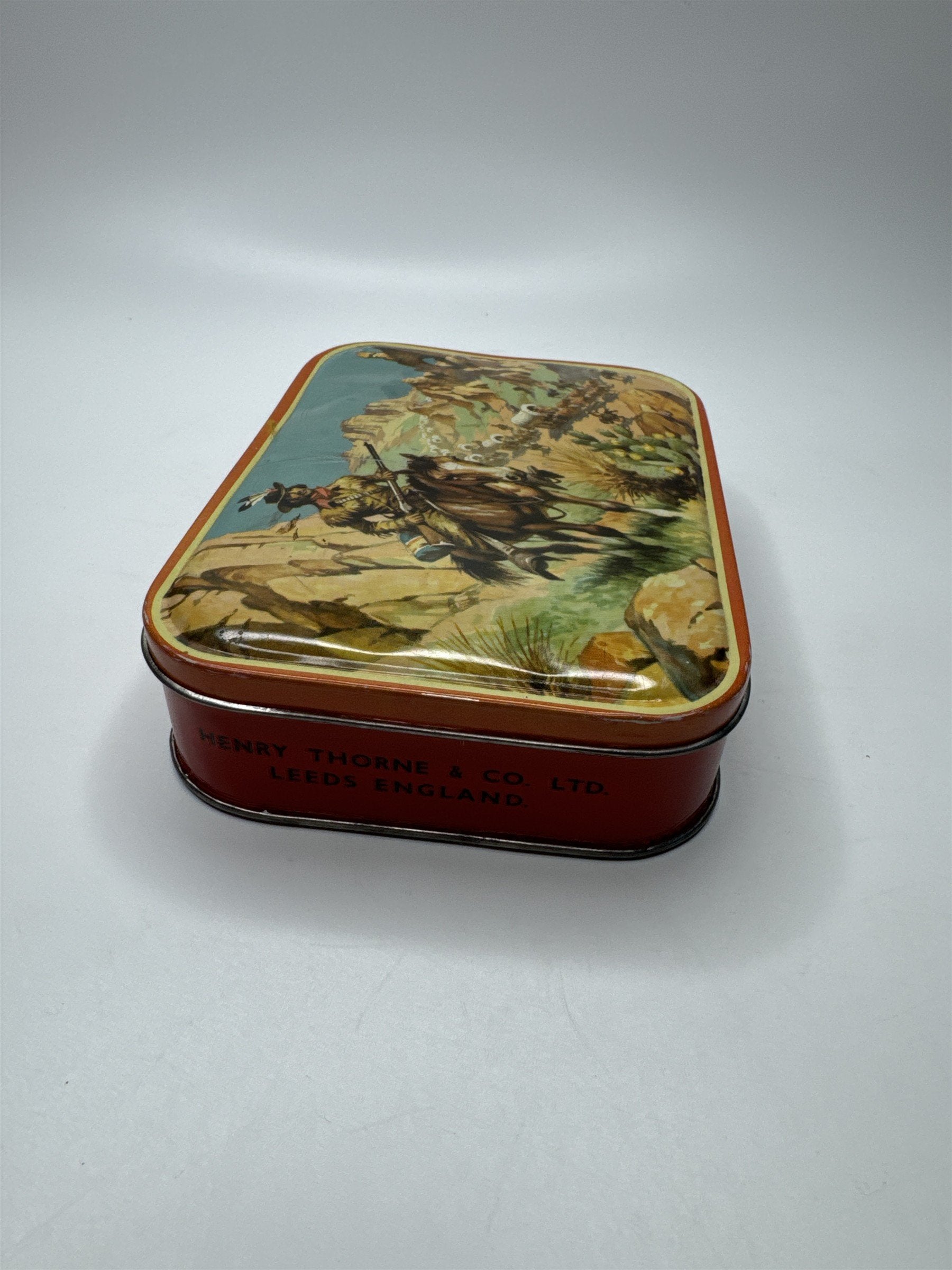 Vintage Henry Thorne & Co Ltd Leeds England Cowboy Horse Native Scene Candy Tin