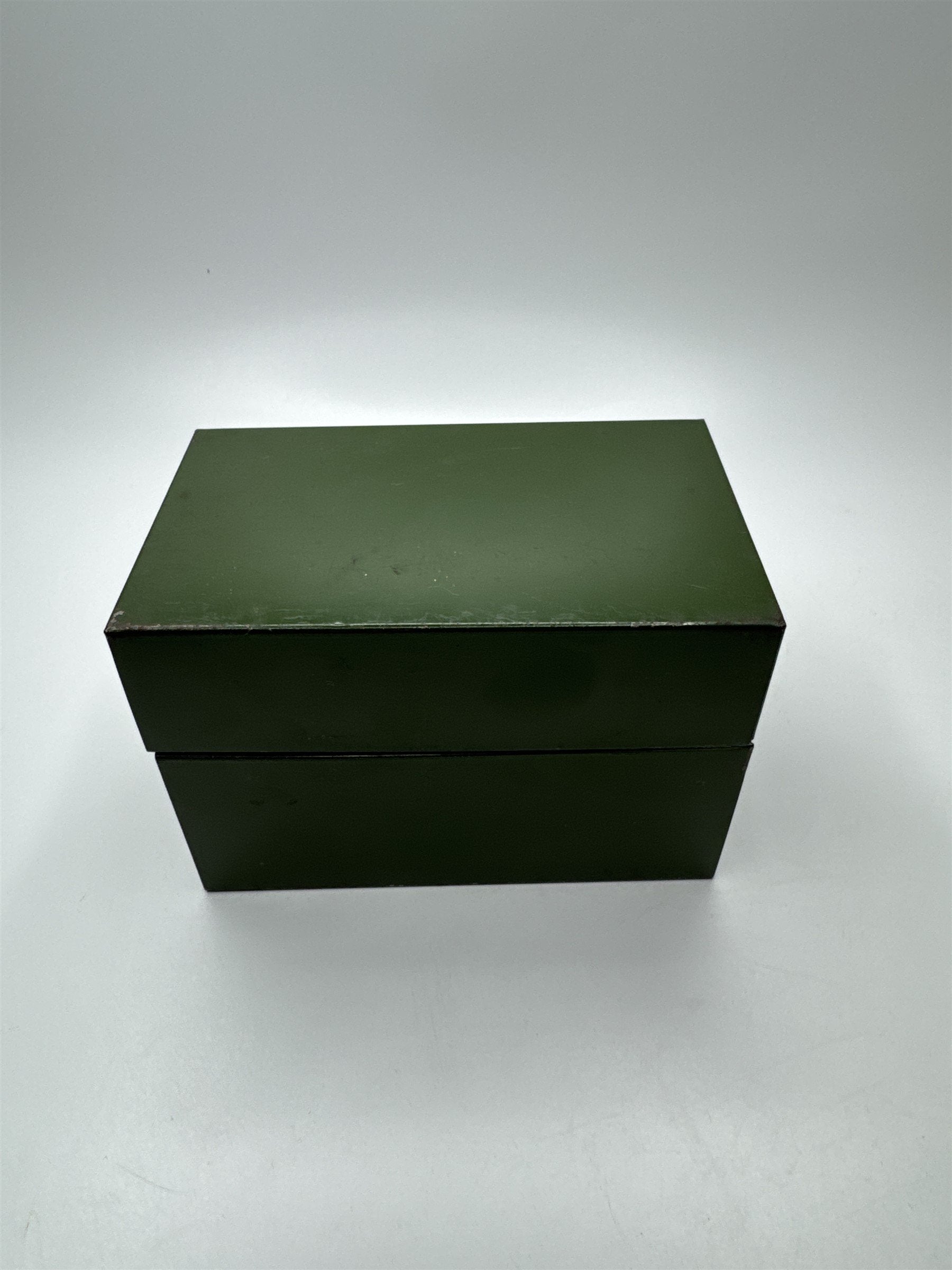 Vintage Army Green Olive Green Metal Recipe Box Trinket Jewelry Container Tin