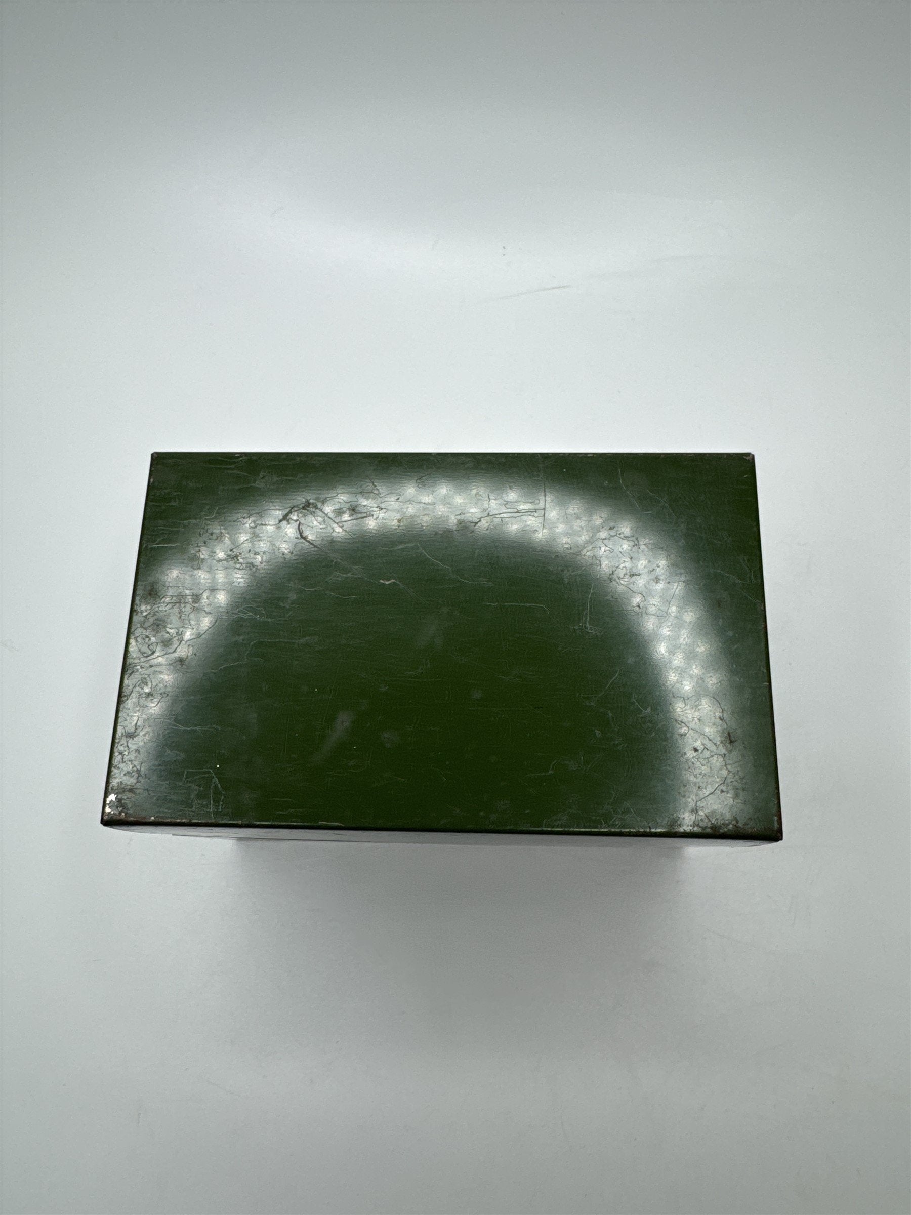 Vintage Army Green Olive Green Metal Recipe Box Trinket Jewelry Container Tin