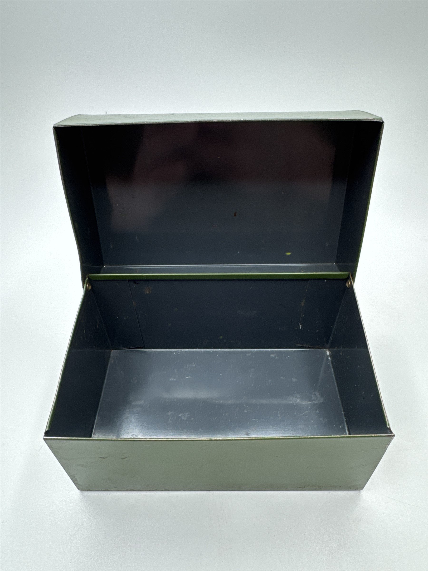 Vintage Army Green Olive Green Metal Recipe Box Trinket Jewelry Container Tin