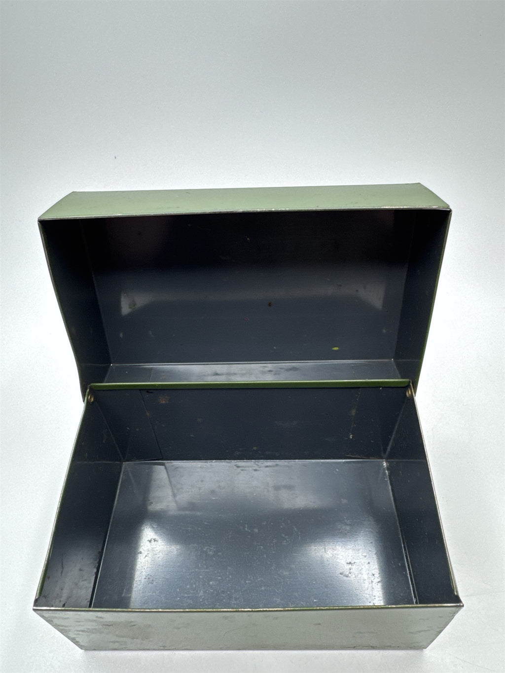 Vintage Army Green Olive Green Metal Recipe Box Trinket Jewelry Container Tin