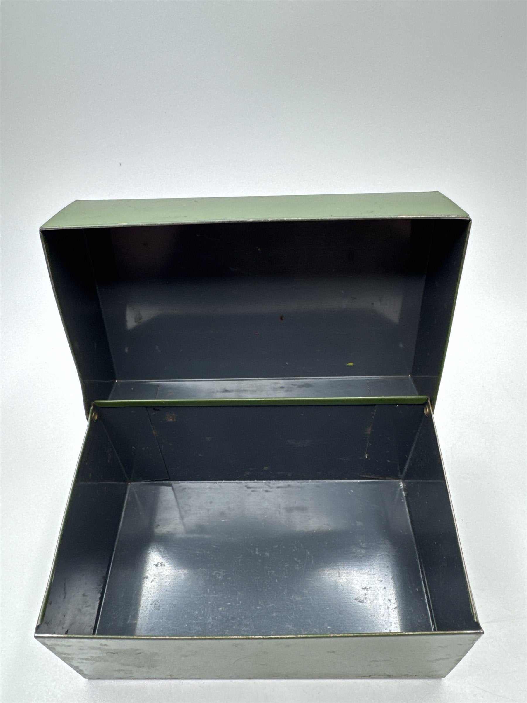 Vintage Army Green Olive Green Metal Recipe Box Trinket Jewelry Container Tin