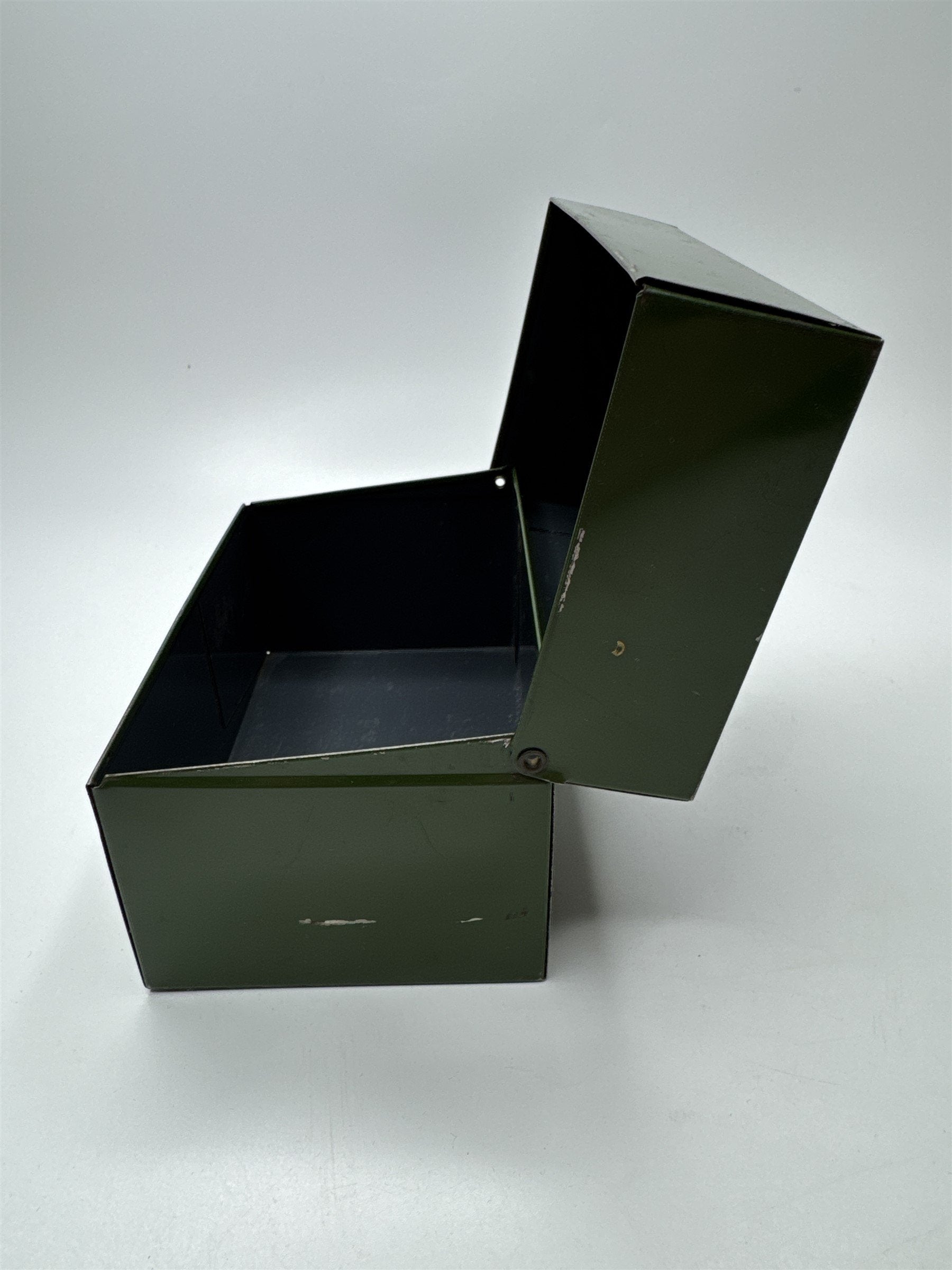 Vintage Army Green Olive Green Metal Recipe Box Trinket Jewelry Container Tin