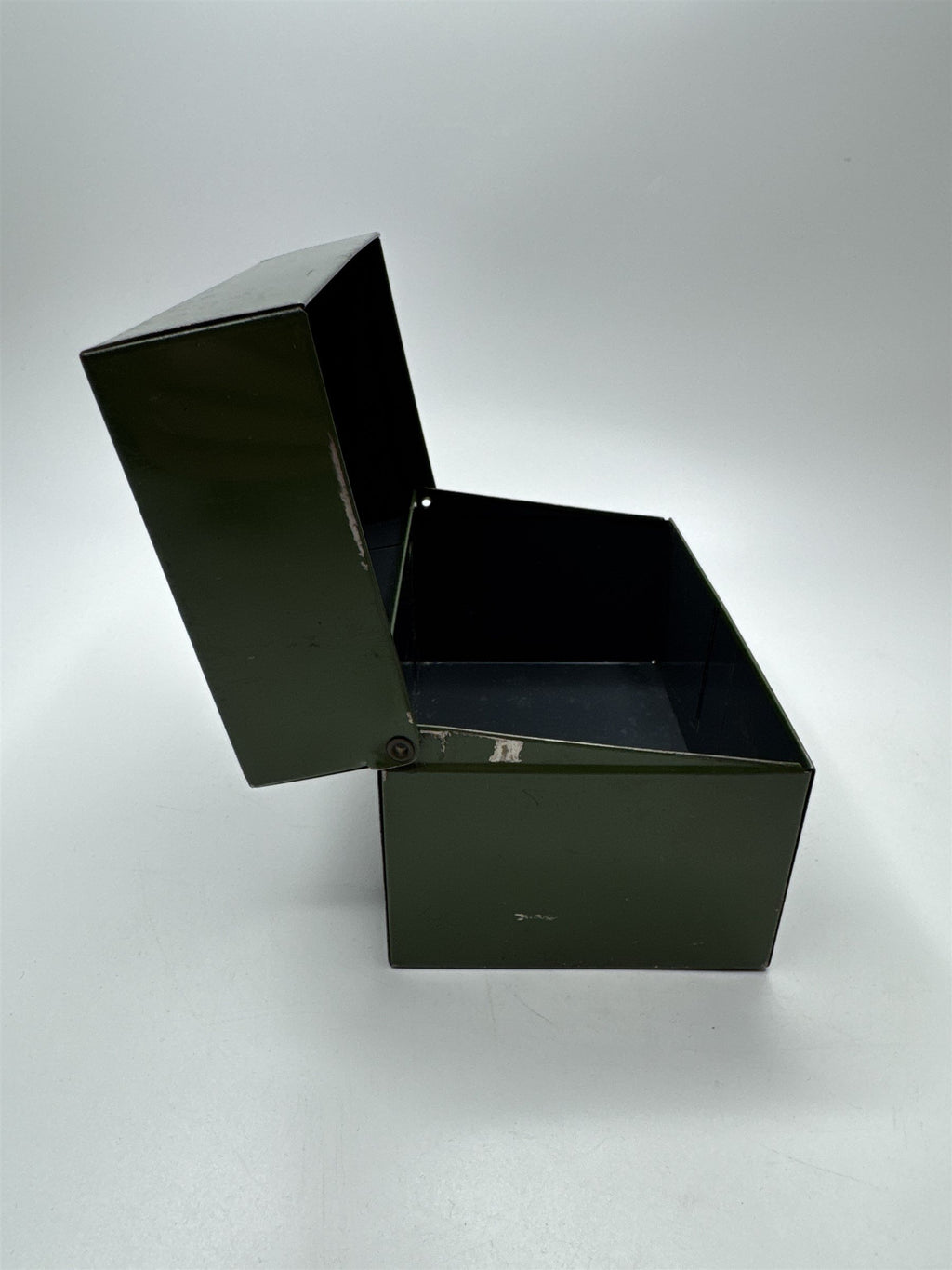 Vintage Army Green Olive Green Metal Recipe Box Trinket Jewelry Container Tin