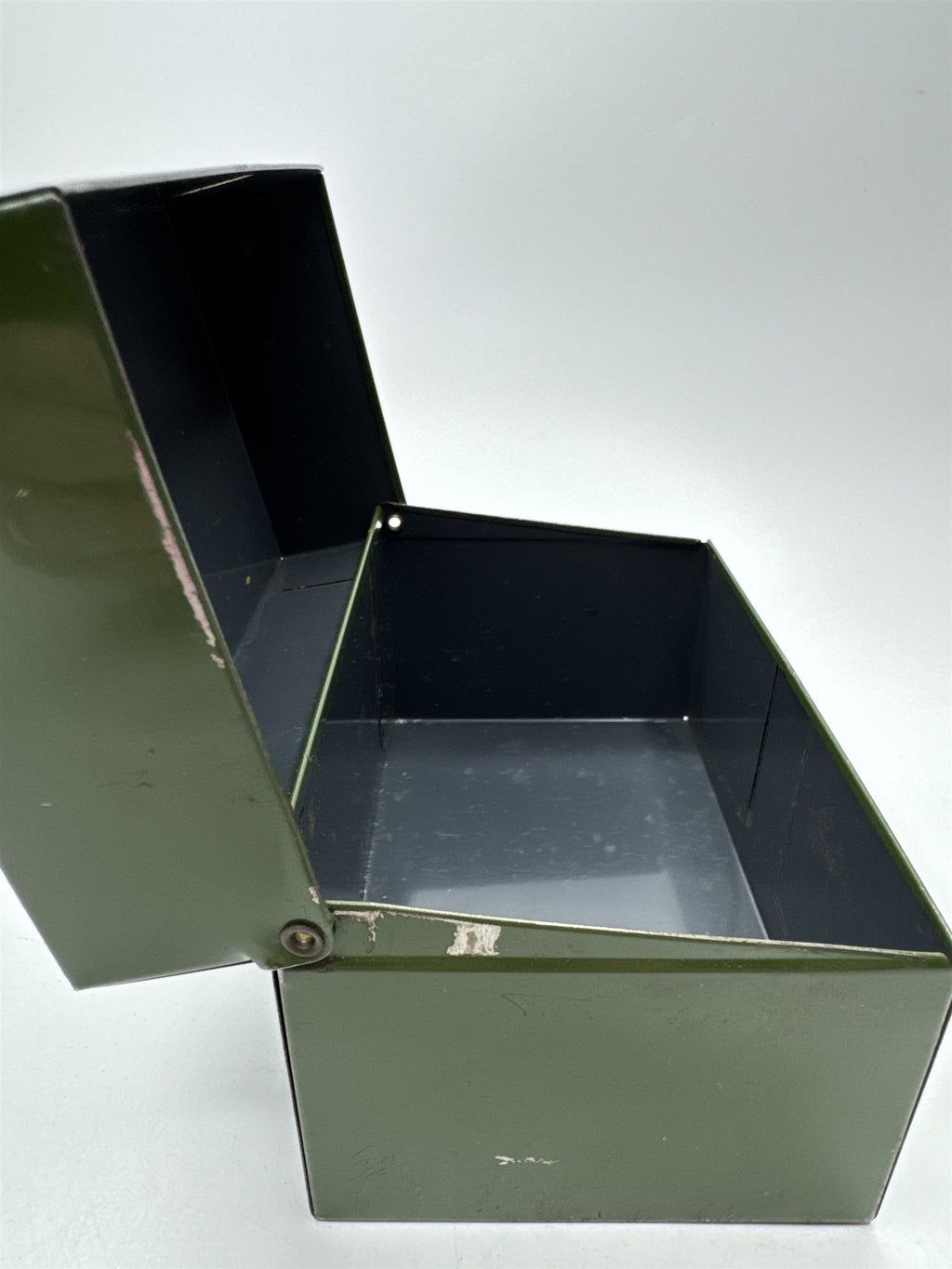 Vintage Army Green Olive Green Metal Recipe Box Trinket Jewelry Container Tin