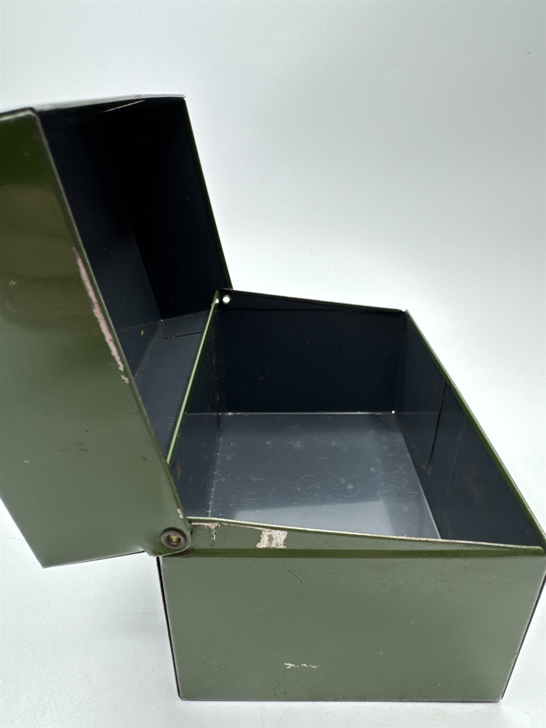 Vintage Army Green Olive Green Metal Recipe Box Trinket Jewelry Container Tin
